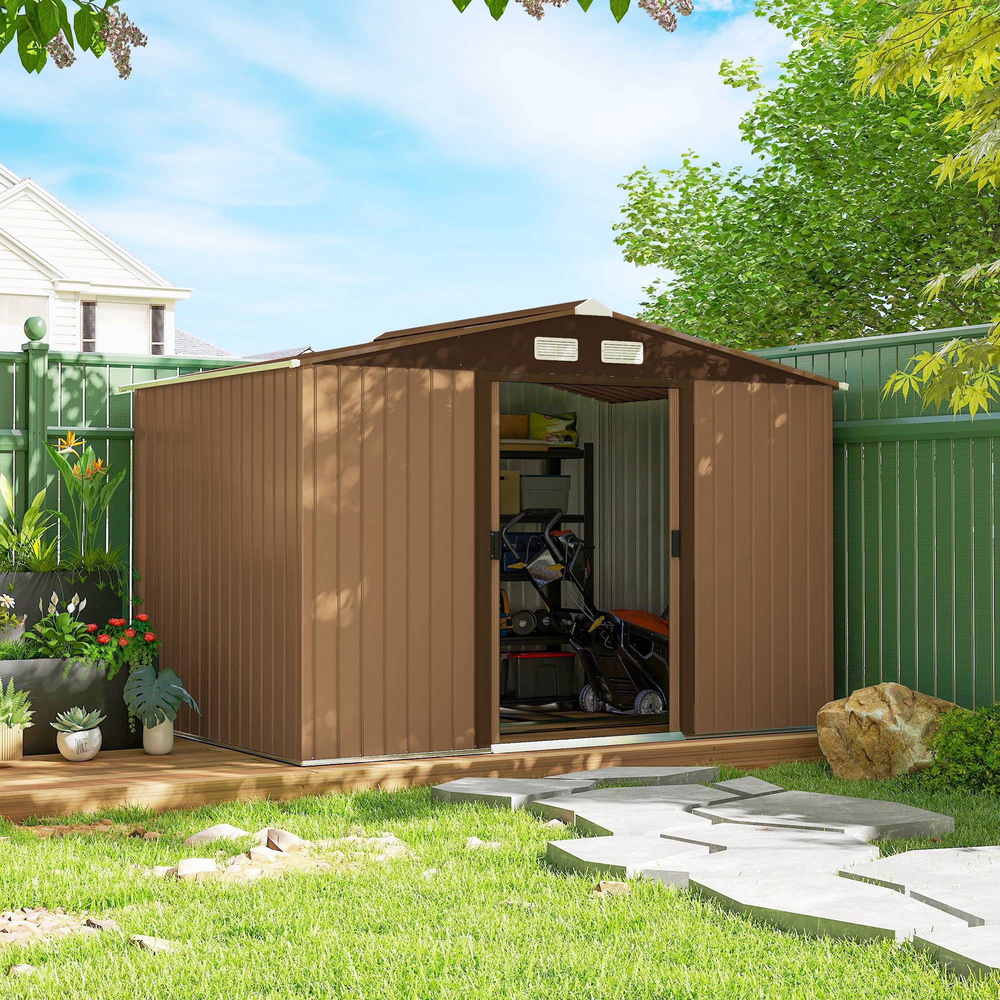 Remise de jardin 4,9 m² 277x195x192 cm 2 portes coulissantes base renforcée sol non inclus jaune - Image 3