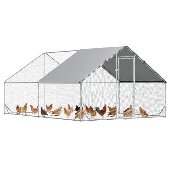 Poulailler de jardin avec structure galvanisée, bâche imperméable et grillage hexagonal, 3 x 4 x 2 m, argent - Image 1