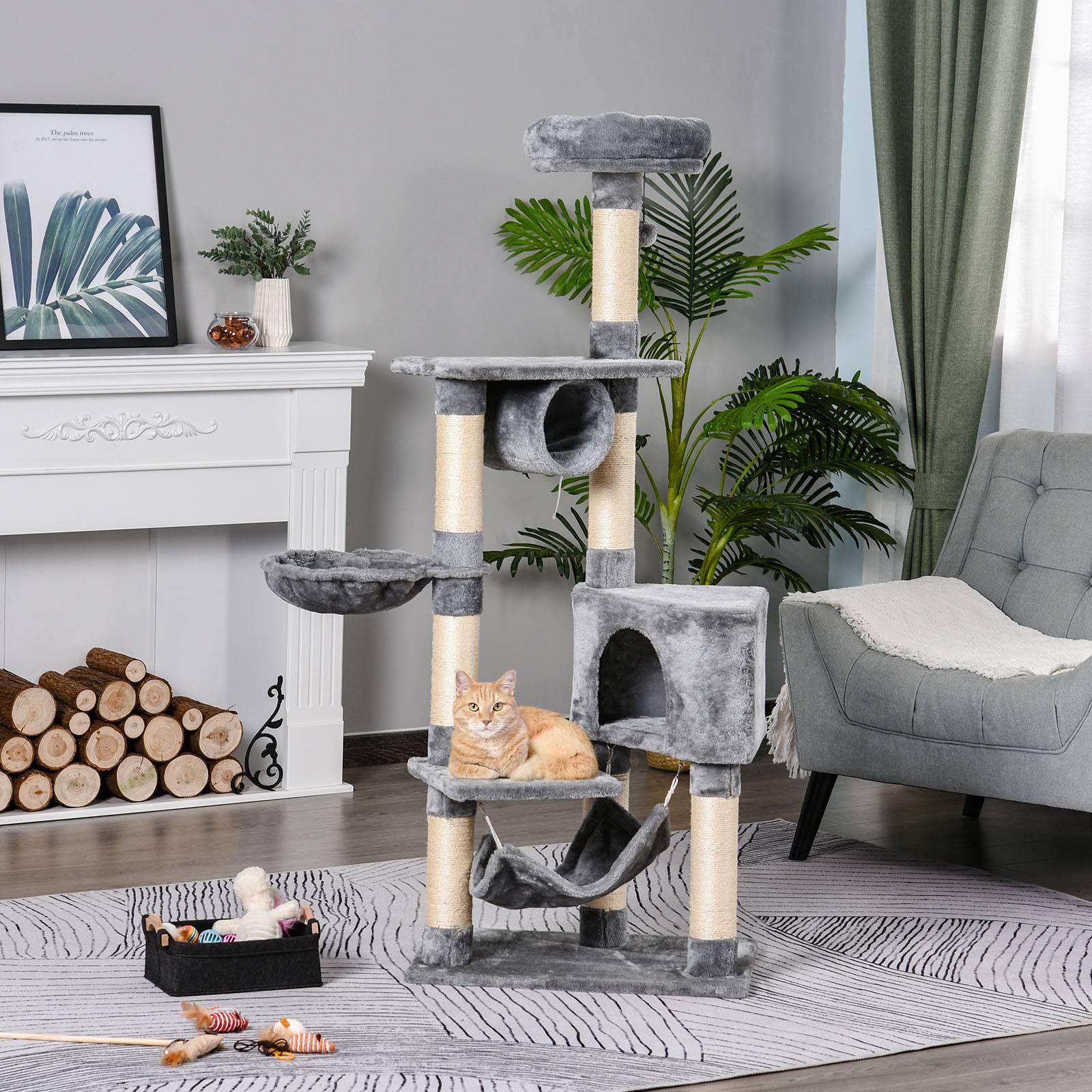 Arbre à chat avec couchage, hamac et poteaux en sisal, gris - Image 4