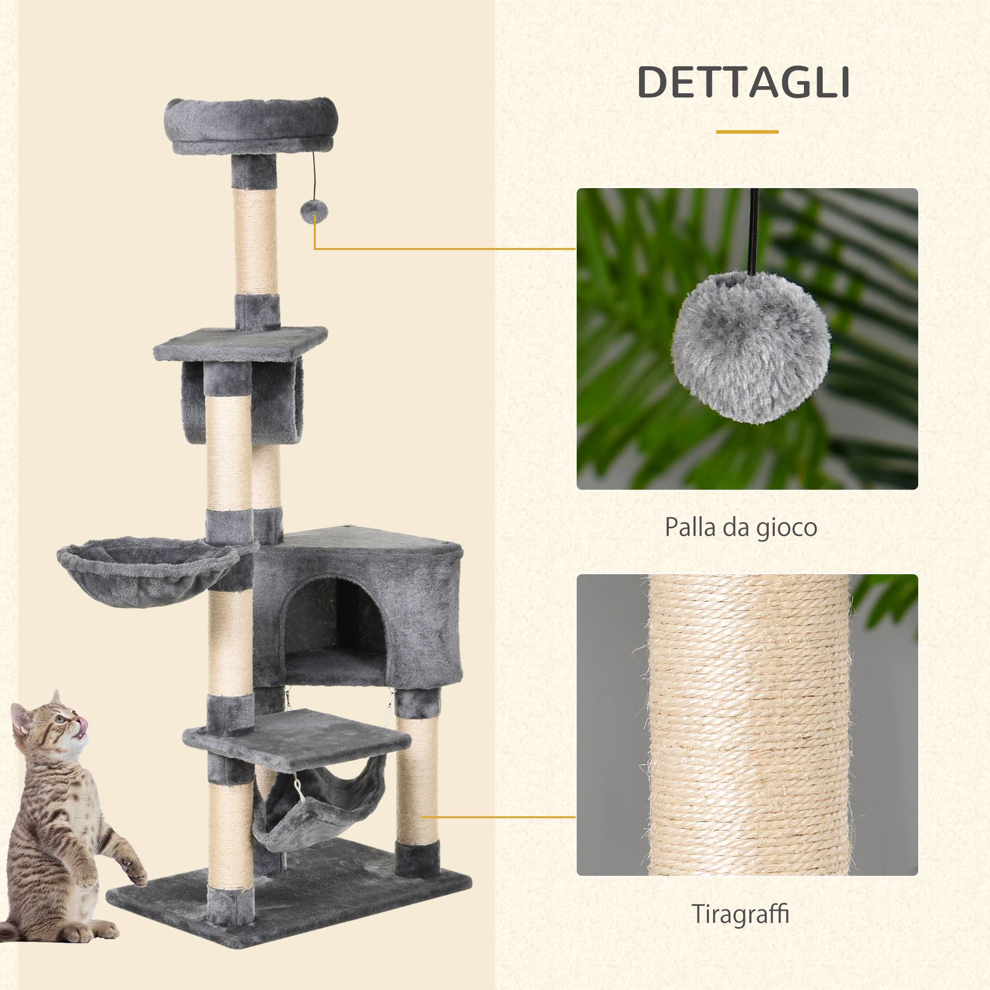 Arbre à chat avec couchage, hamac et poteaux en sisal, gris - Image 7