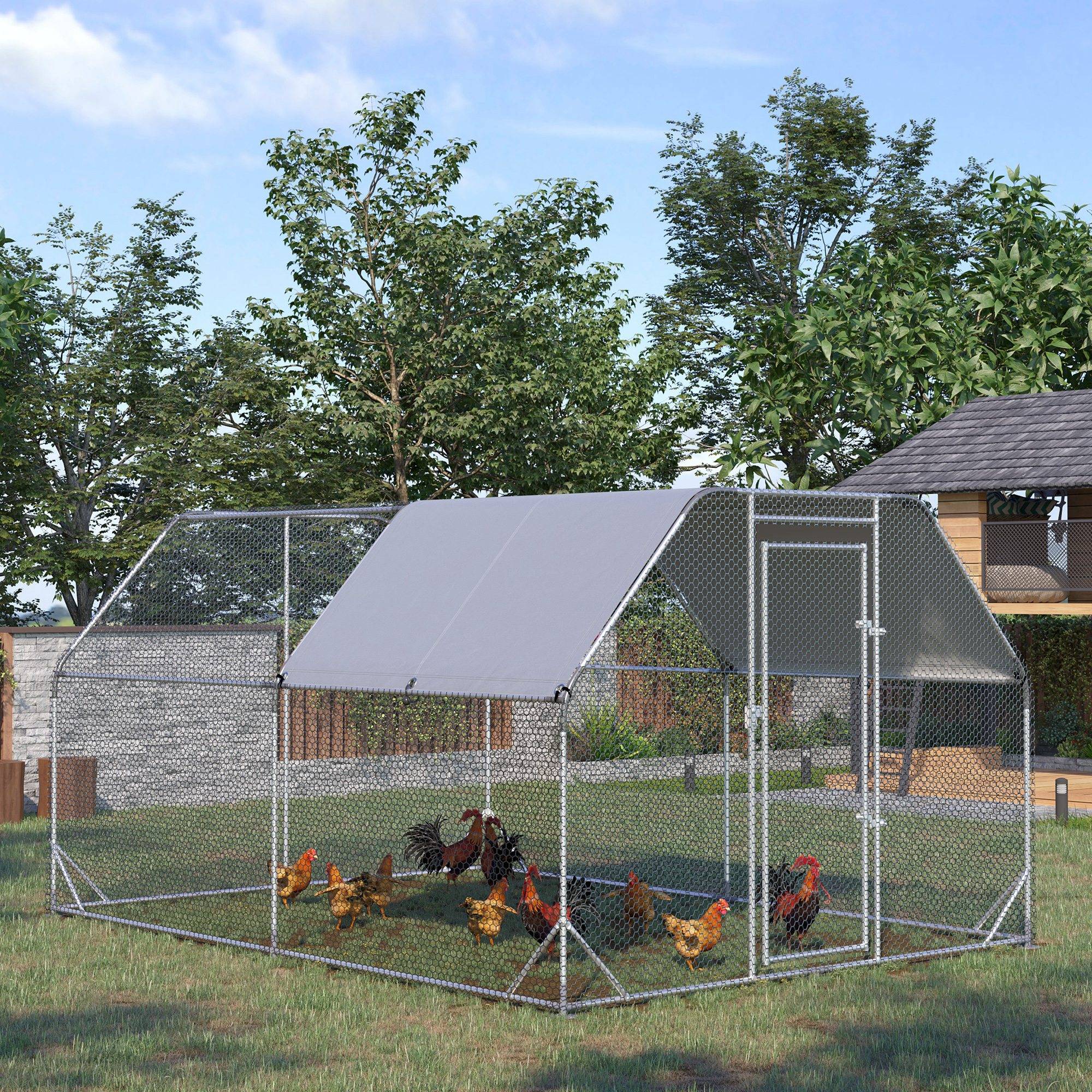 Poulailler extérieur, enclos pour poules, porte verrouillable, pour 10 à 12 poules, 280 cm x 380 cm x 195 cm, gris - Image 4