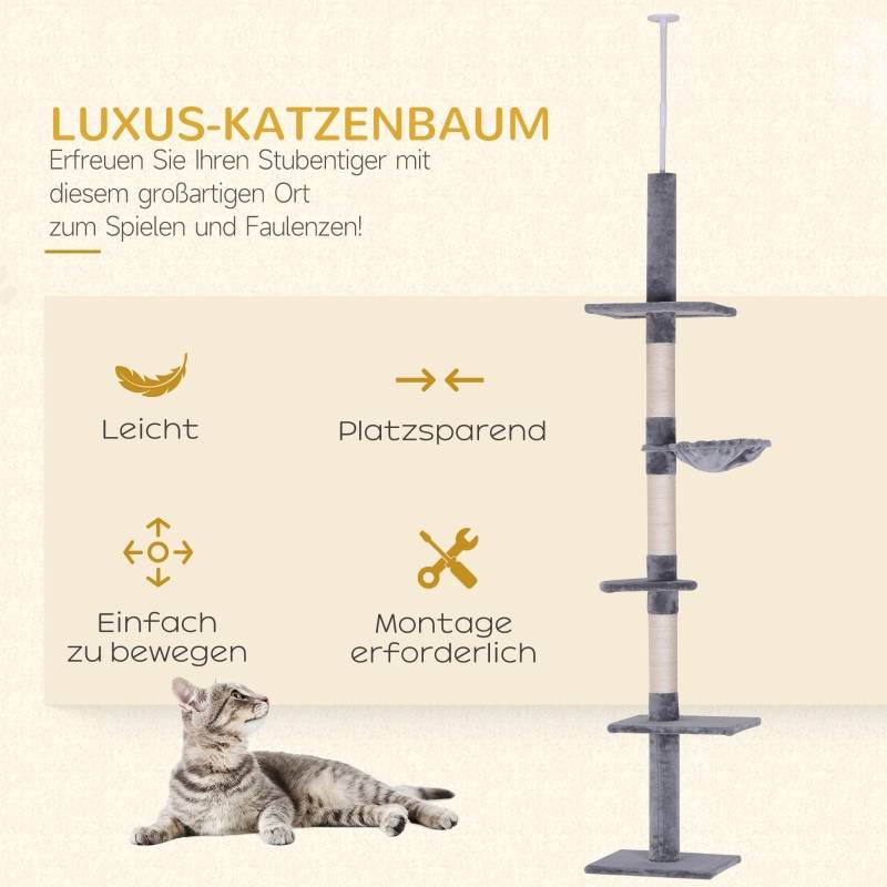 Arbre à Chat Plafond Réglable Sisal Peluche Griffoir 40x34x230-260cm Gris - ComfortXL Pet Living - Image 4