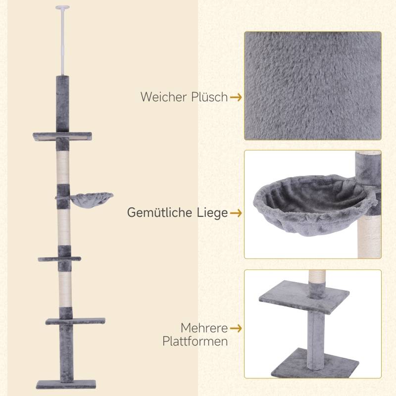 Arbre à Chat Plafond Réglable Sisal Peluche Griffoir 40x34x230-260cm Gris - ComfortXL Pet Living - Image 6