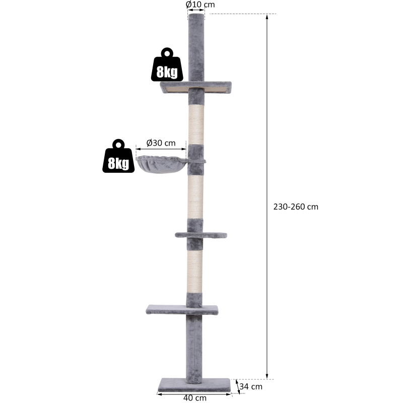 Arbre à Chat Plafond Réglable Sisal Peluche Griffoir 40x34x230-260cm Gris - ComfortXL Pet Living - Image 3