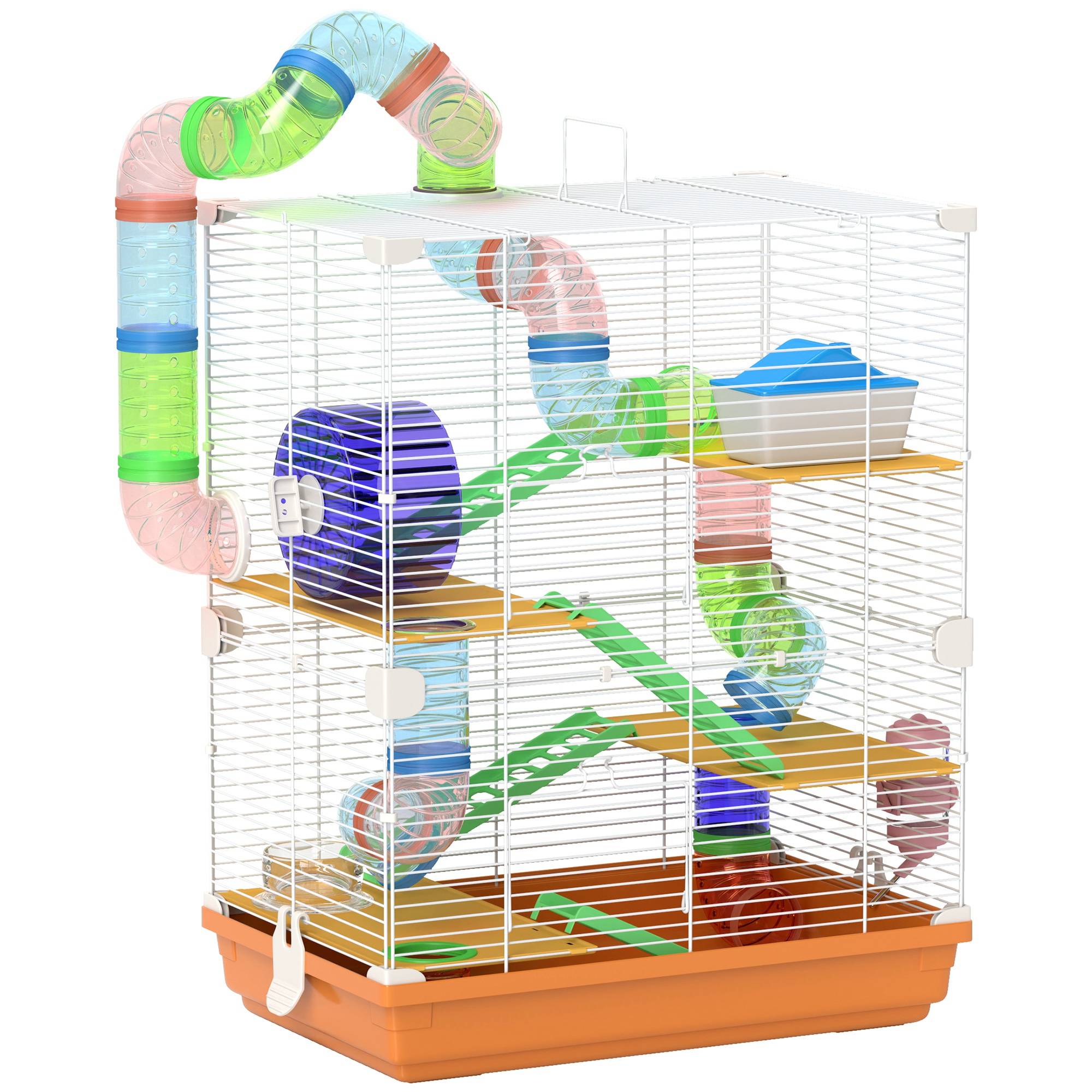 Cage hamster souris Métal et PP 5 niveaux avec tunnels de jeu 46x30x58cm Orange - ComfortXL Outdoor Living