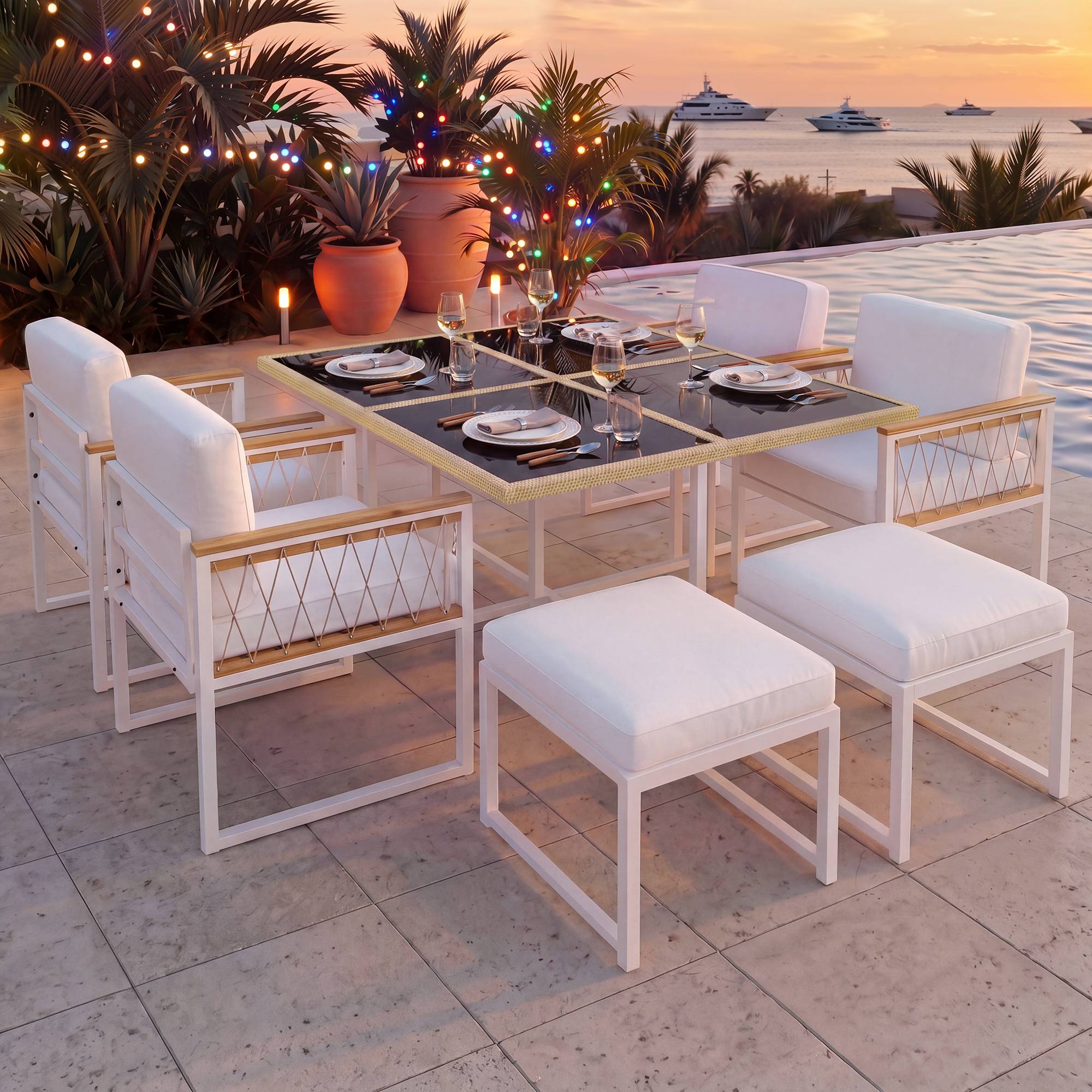 Salon de jardin acier et corde pour terrasse repas 6 places blanc et noir - ComfortXL Outdoor Living - Image 1