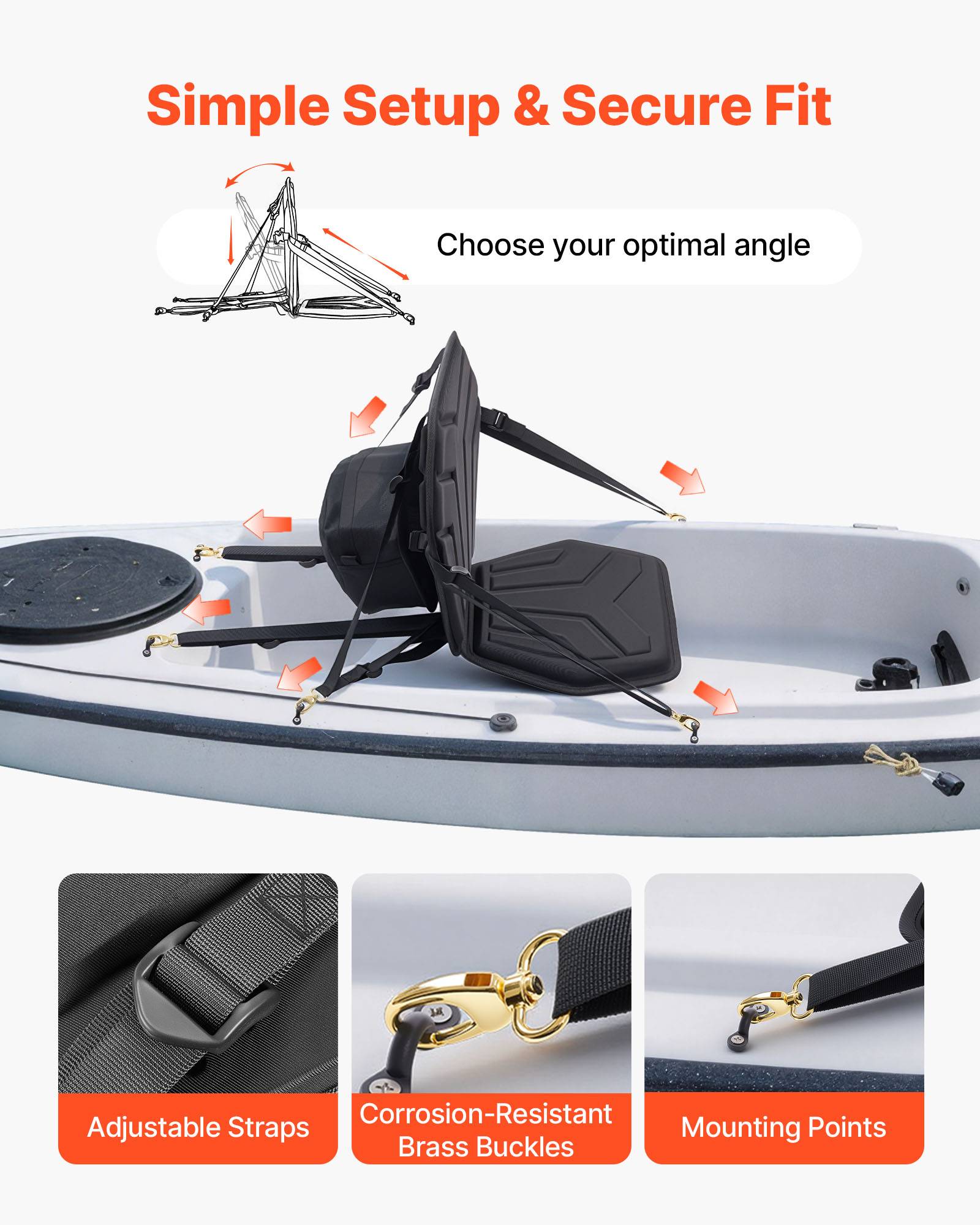 Vevor - VEVOR Siège de kayak universel 31 mm, dosseret réglable, coussin hexagonal rembourré, sangles 4 points, sac de rangement étanche - Image 4