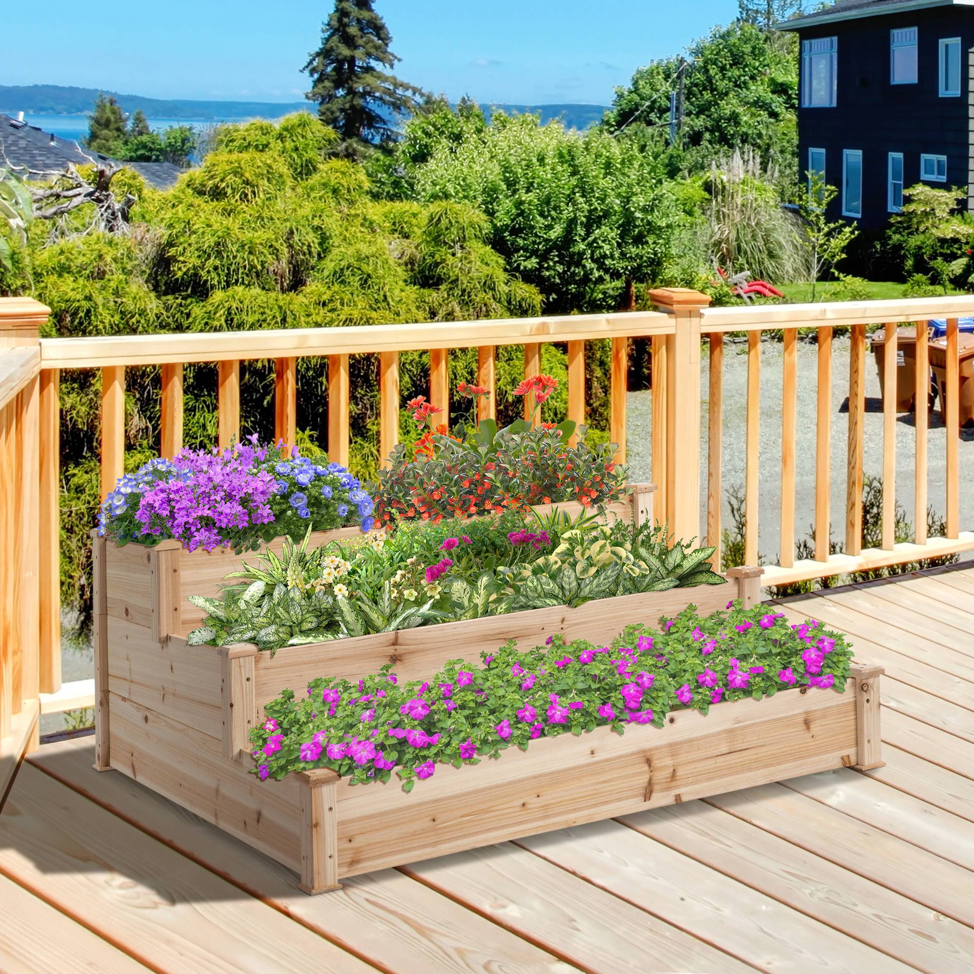 Sans Marque - Carré Potager jardin Bois massif Surélevé Escalier 3 Niveaux 120x120x56 cm effet Bois Naturel - Image 3
