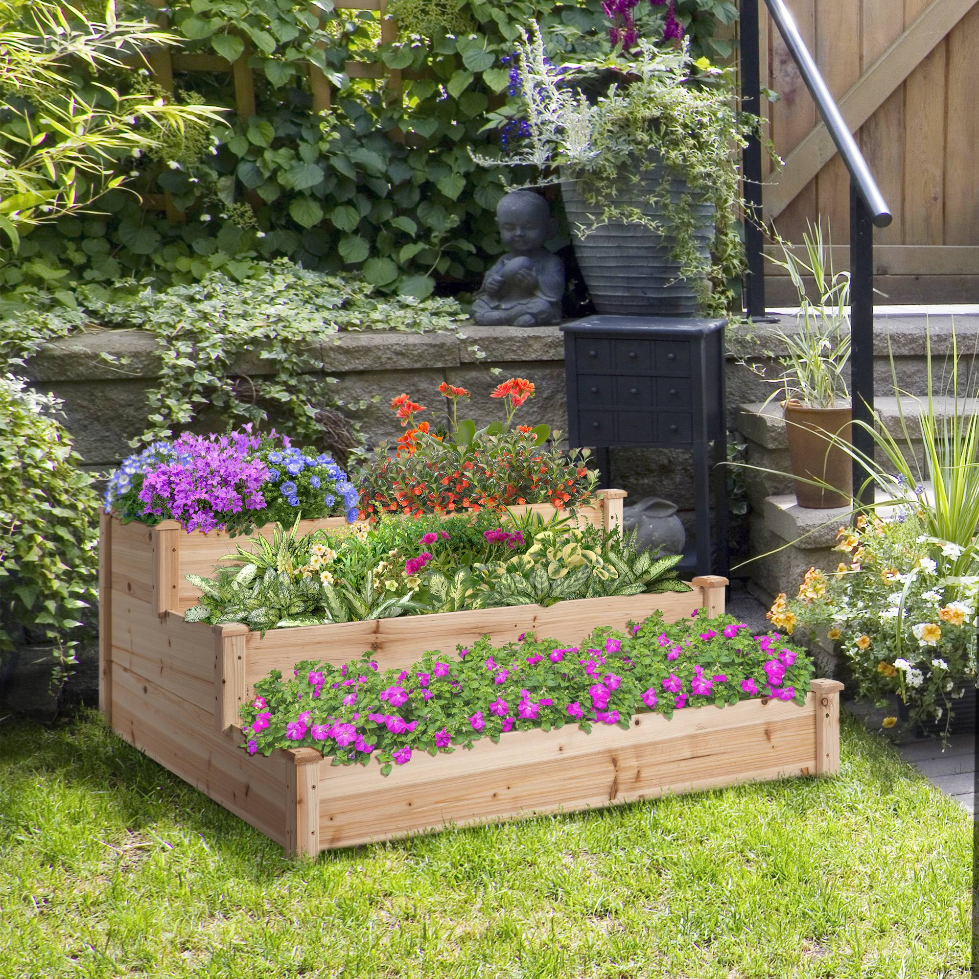 Sans Marque - Carré Potager jardin Bois massif Surélevé Escalier 3 Niveaux 120x120x56 cm effet Bois Naturel - Image 4
