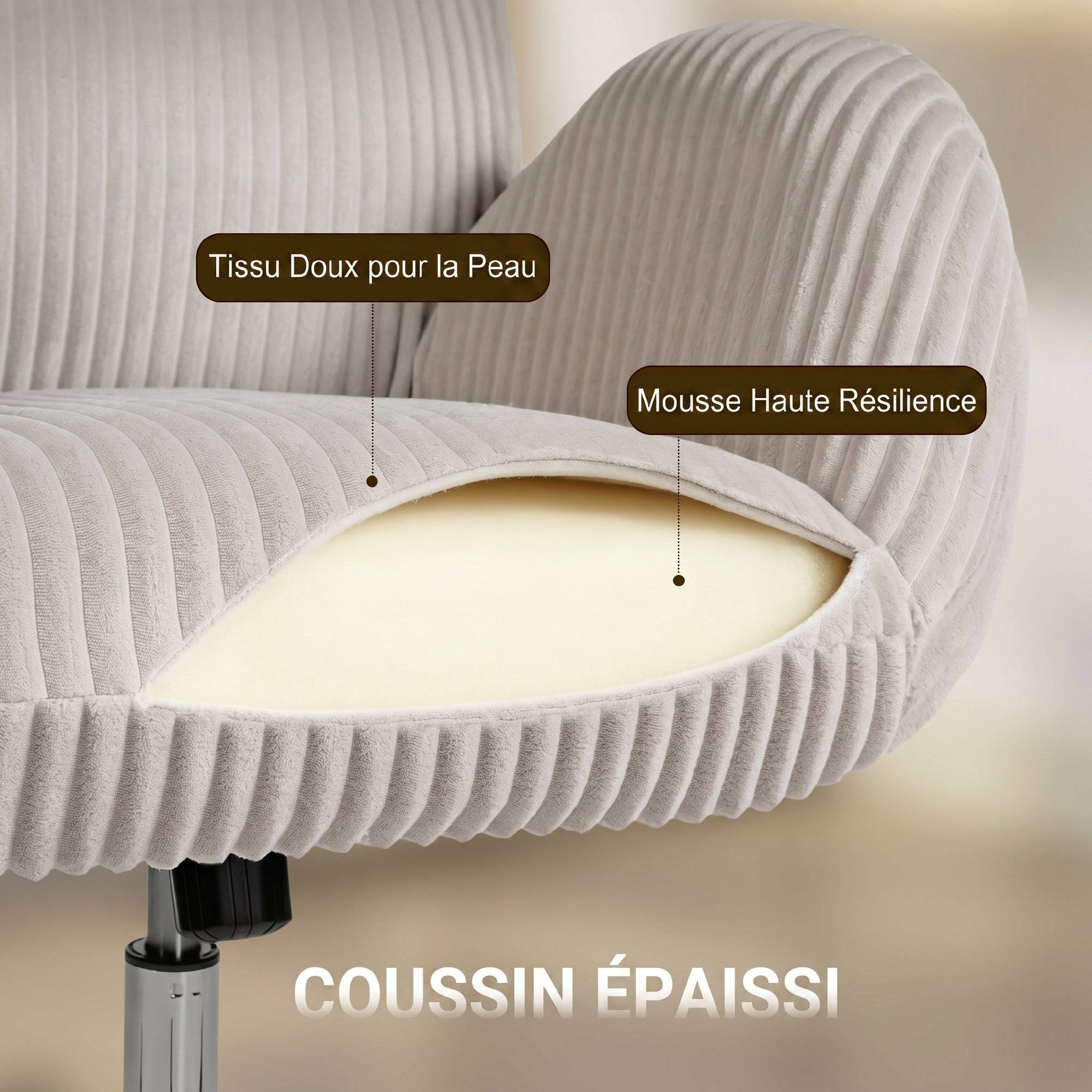 Sans Marque - Chaise bureau ergonomique en velours, fauteuil de bureau avec dossier haut, appui-tête réglable et accoudoirs, gris - Image 6