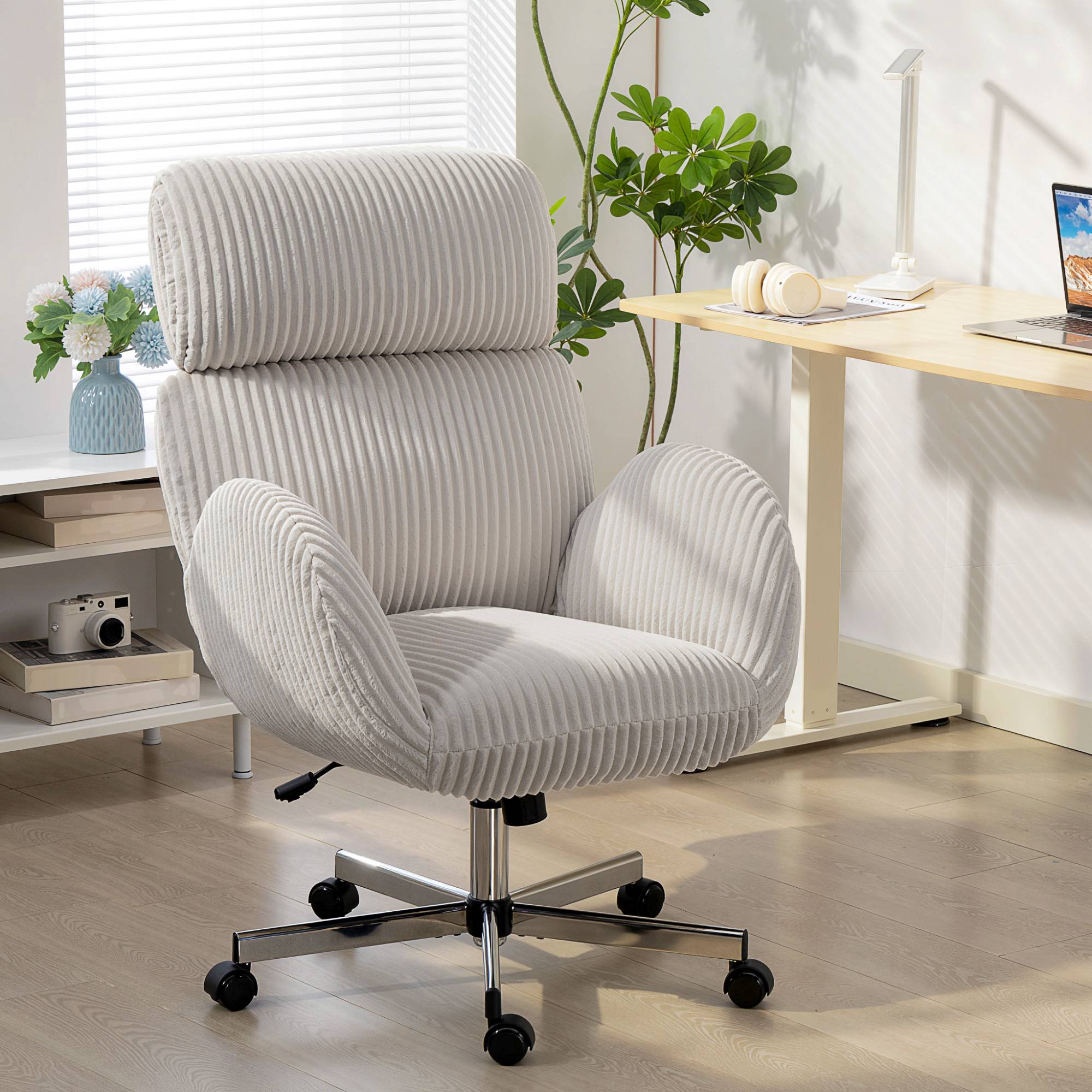 Sans Marque - Chaise bureau ergonomique en velours, fauteuil de bureau avec dossier haut, appui-tête réglable et accoudoirs, gris - Image 4