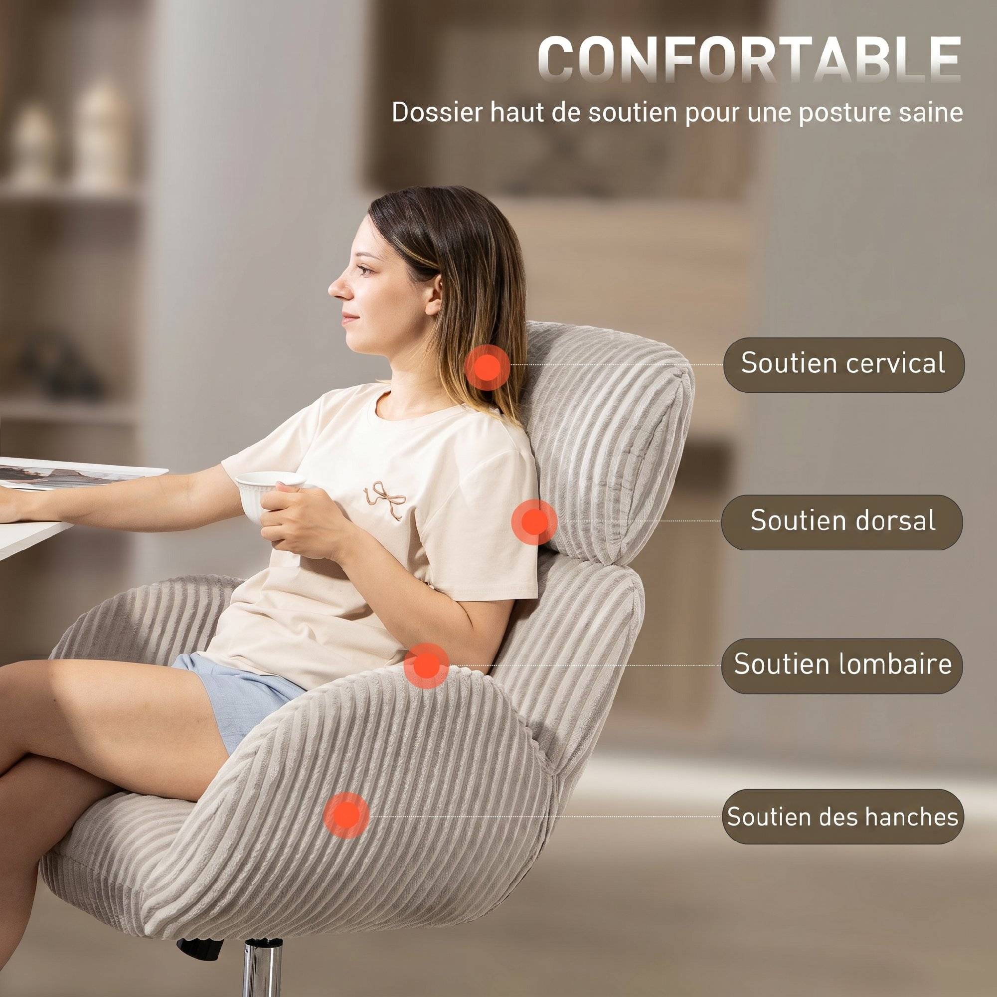 Sans Marque - Chaise bureau ergonomique en velours, fauteuil de bureau avec dossier haut, appui-tête réglable et accoudoirs, gris - Image 8