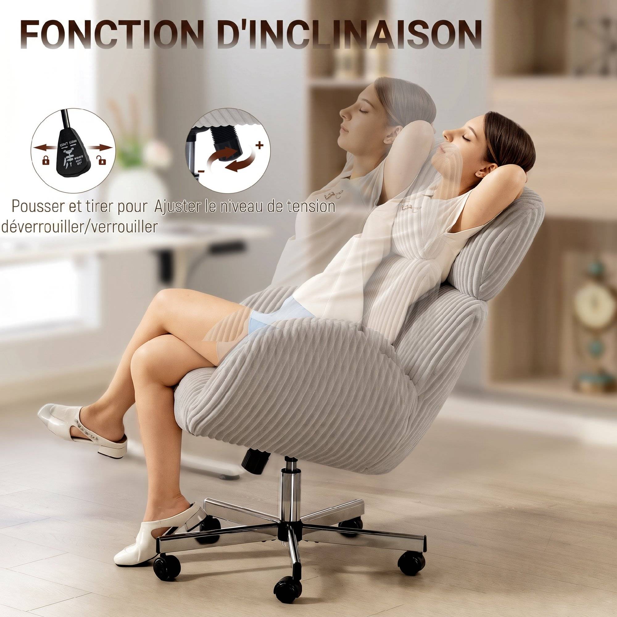 Sans Marque - Chaise bureau ergonomique en velours, fauteuil de bureau avec dossier haut, appui-tête réglable et accoudoirs, gris - Image 10