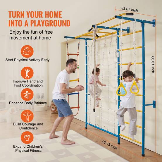 VEVOR Jungle gym intérieur 7-en-1, échelle suédoise acier. Barre traction, corde, anneaux. Charge 220 lb. - Image 3