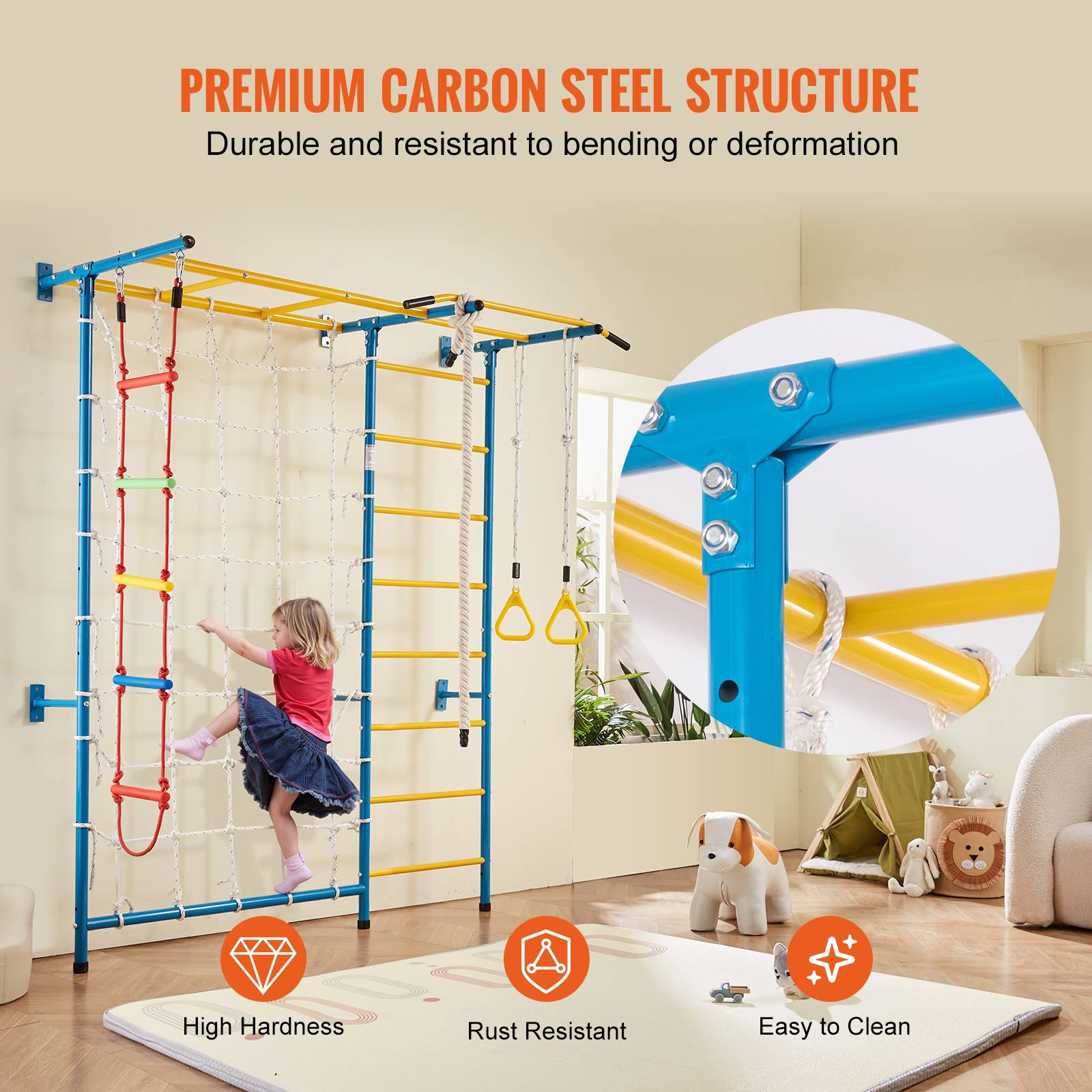 VEVOR Jungle gym intérieur 7-en-1, échelle suédoise acier. Barre traction, corde, anneaux. Charge 220 lb. - Image 4