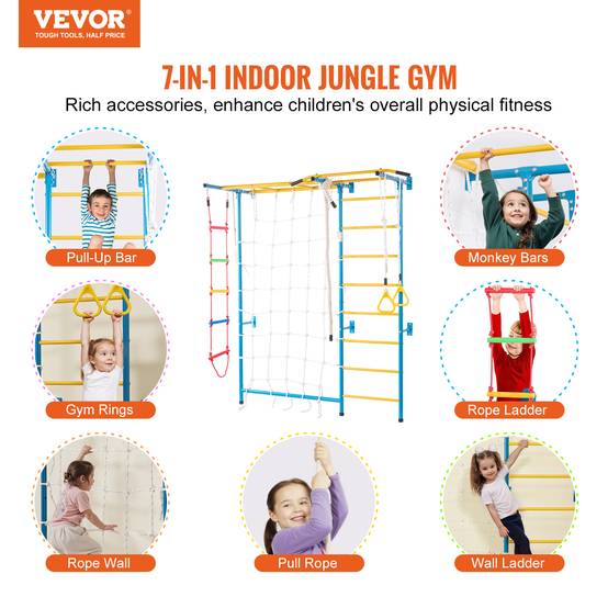 VEVOR Jungle gym intérieur 7-en-1, échelle suédoise acier. Barre traction, corde, anneaux. Charge 220 lb. - Image 2