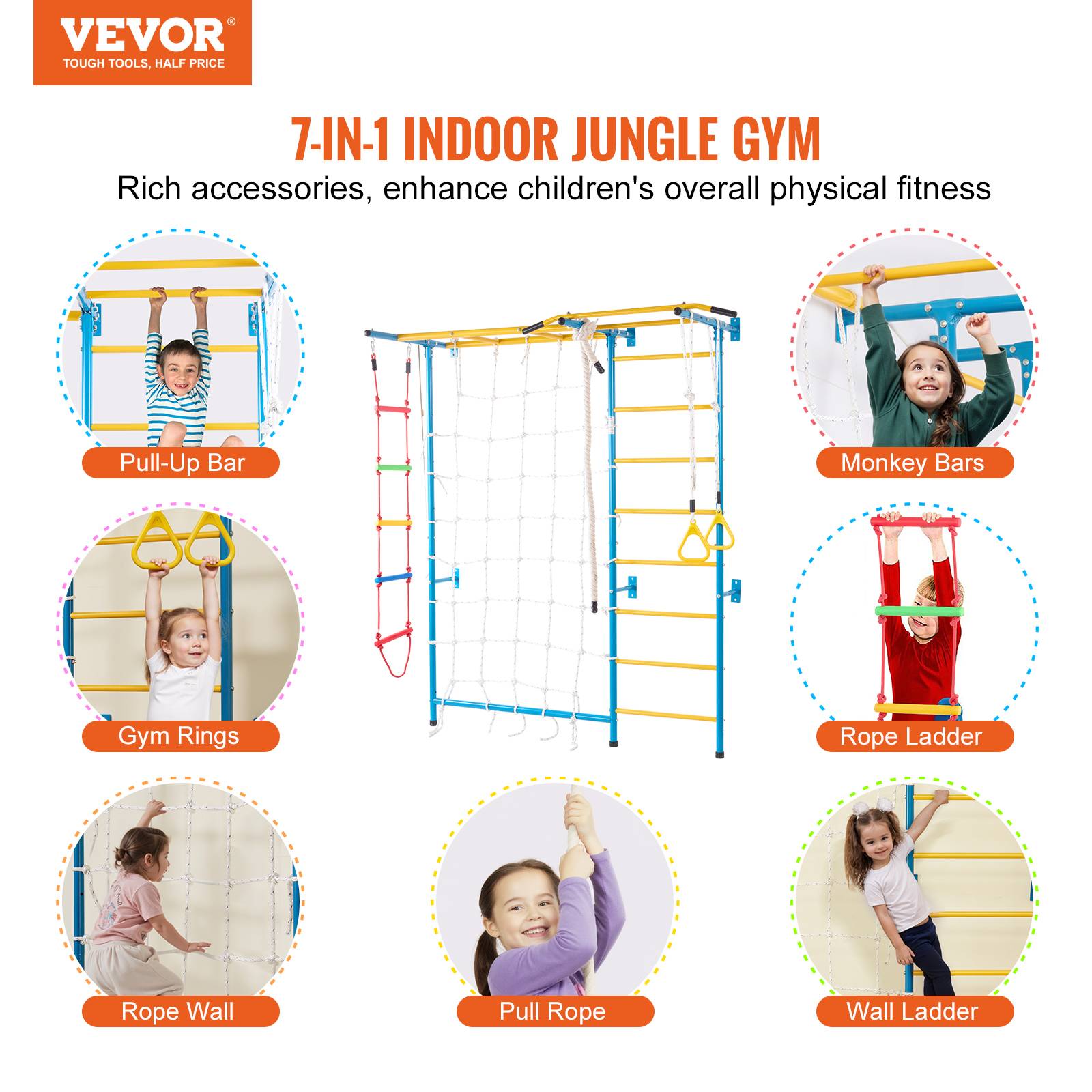 VEVOR Jungle gym intérieur 7-en-1, échelle suédoise acier. Barre traction, corde, anneaux. Charge 220 lb. - Image 2