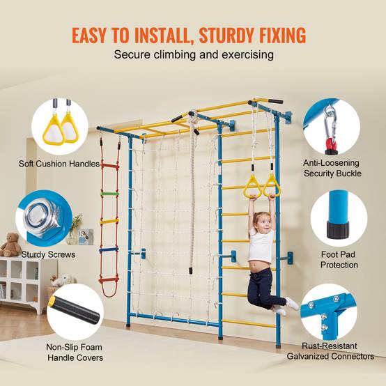 VEVOR Jungle gym intérieur 7-en-1, échelle suédoise acier. Barre traction, corde, anneaux. Charge 220 lb. - Image 6