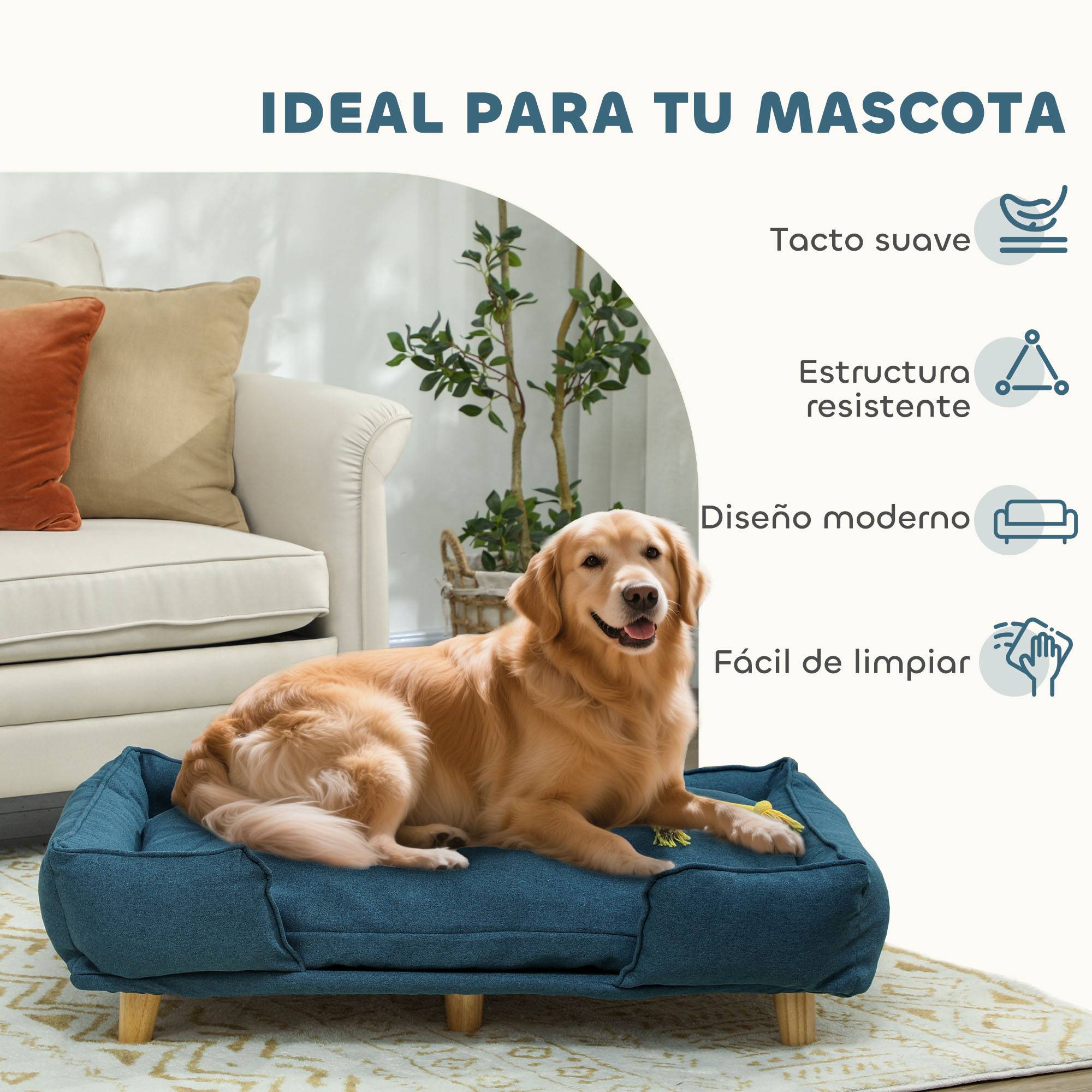 Lit surélevé pour chien, pieds bois, coussin lavable, charge 30kg,96x66x24cm,bleu - Image 9