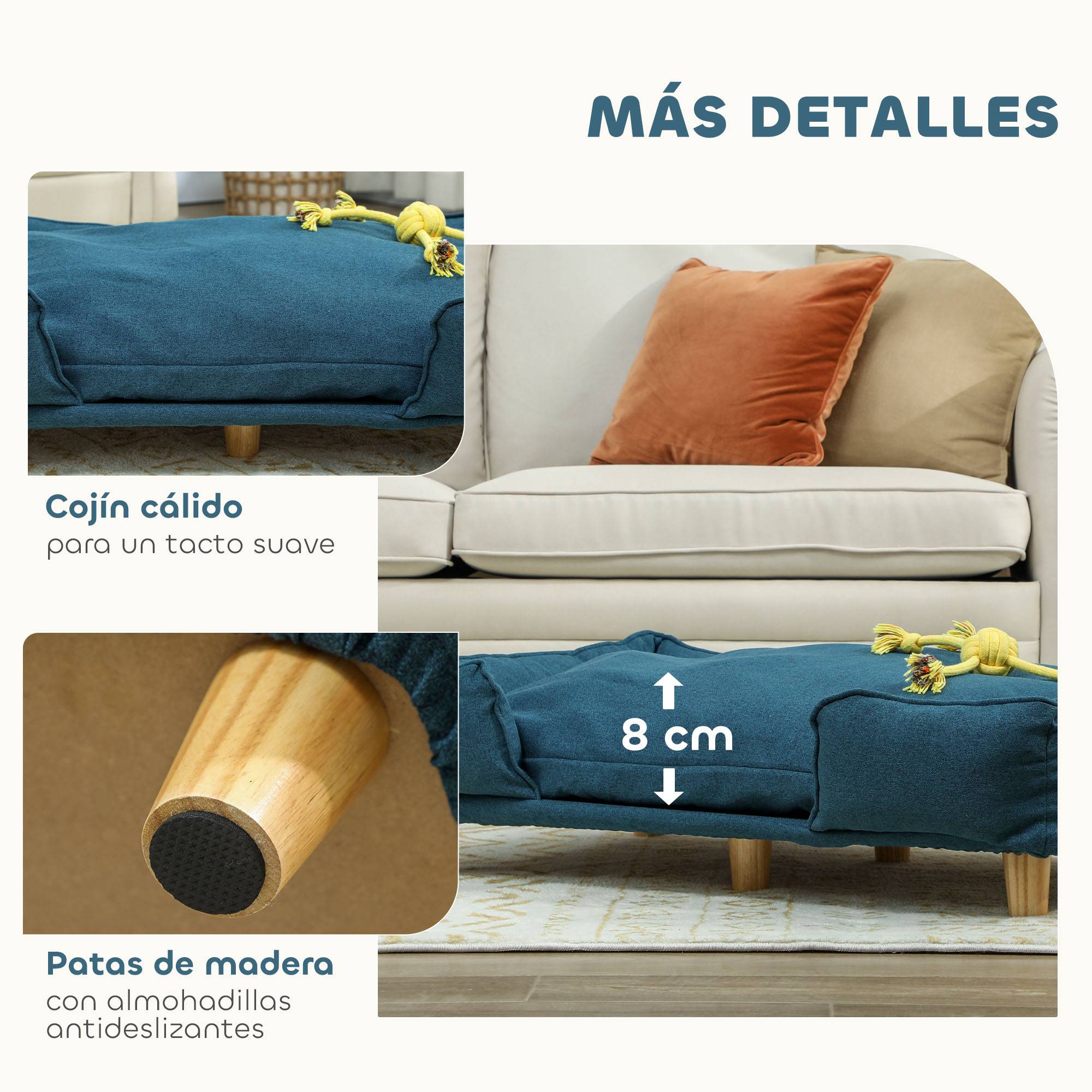 Lit surélevé pour chien, pieds bois, coussin lavable, charge 30kg,96x66x24cm,bleu - Image 8
