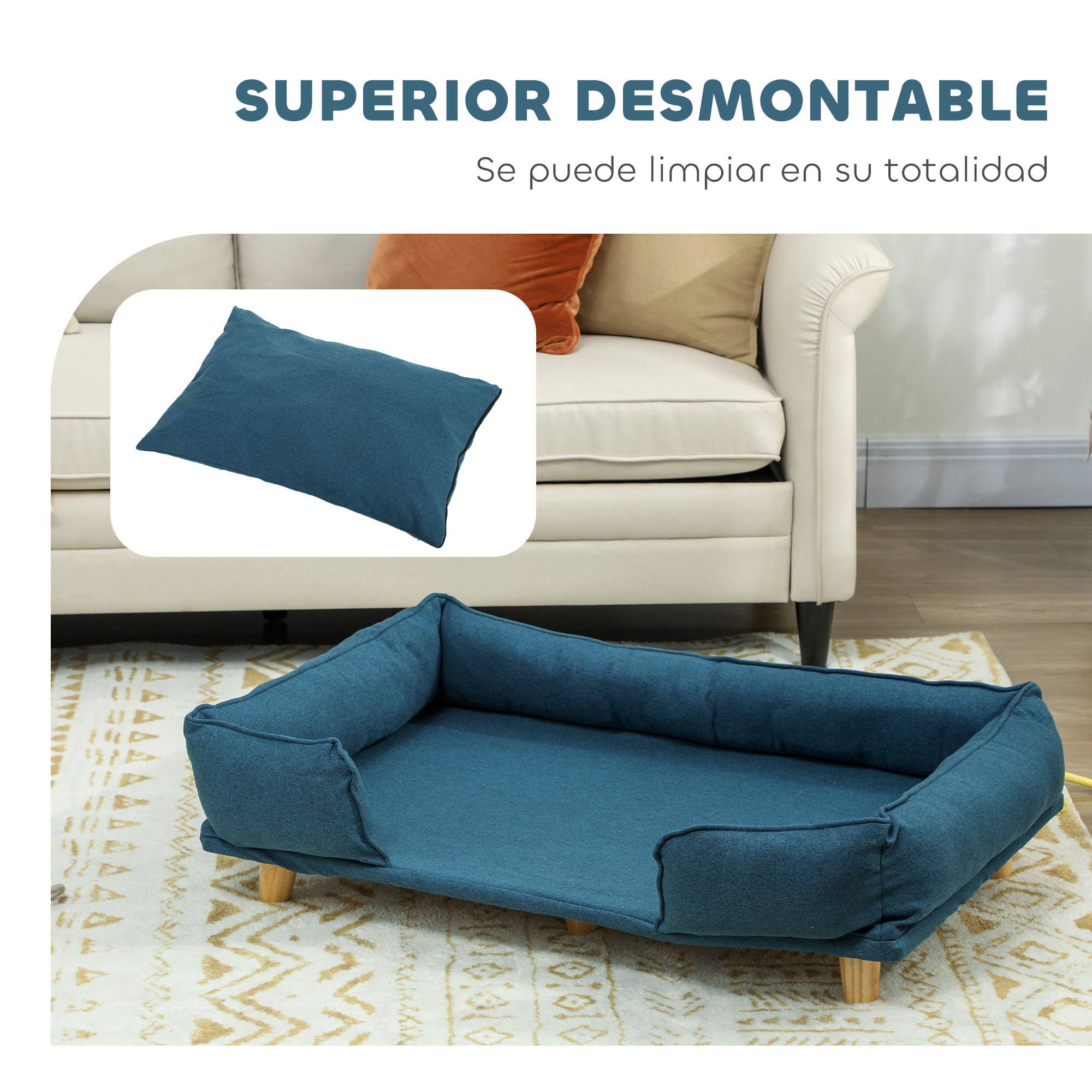 Lit surélevé pour chien, pieds bois, coussin lavable, charge 30kg,96x66x24cm,bleu - Image 7