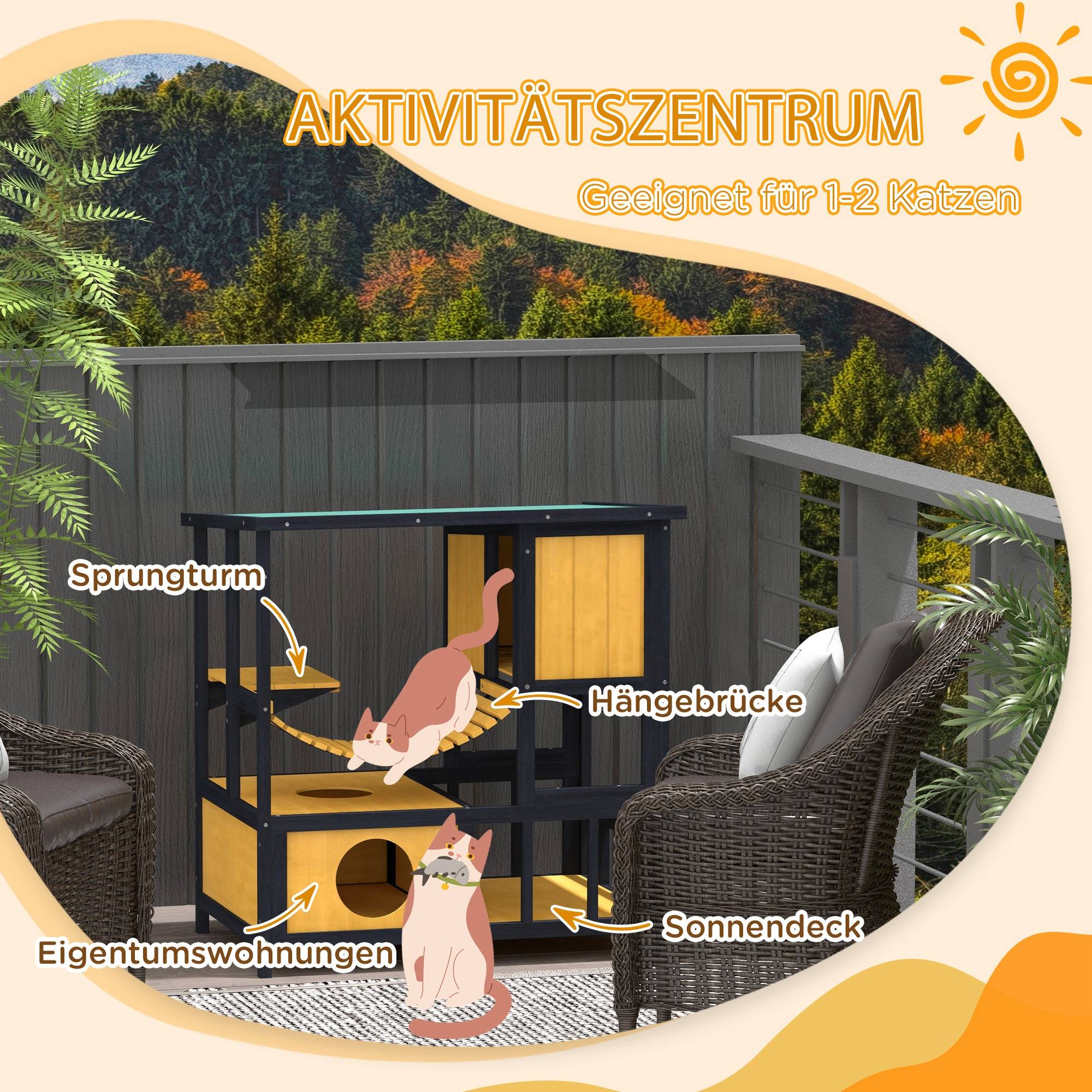ComfortXL - Niche extérieure pour chats bois 84,5 x 60 x 88 cm vert naturel abri 2 chats avec plateforme et pont - Image 4