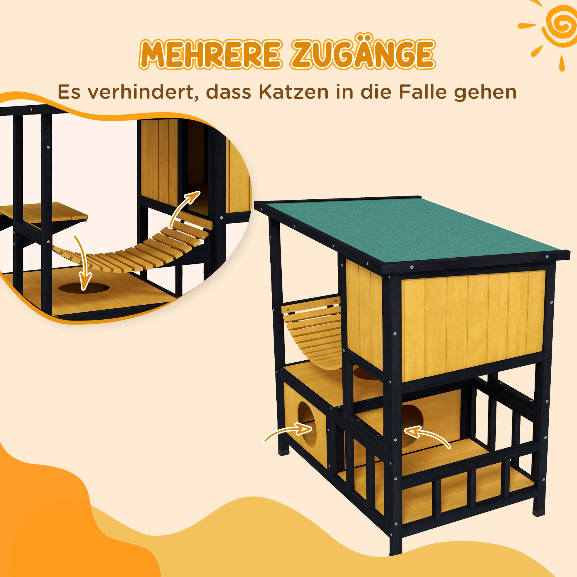 ComfortXL - Niche extérieure pour chats bois 84,5 x 60 x 88 cm vert naturel abri 2 chats avec plateforme et pont - Image 6