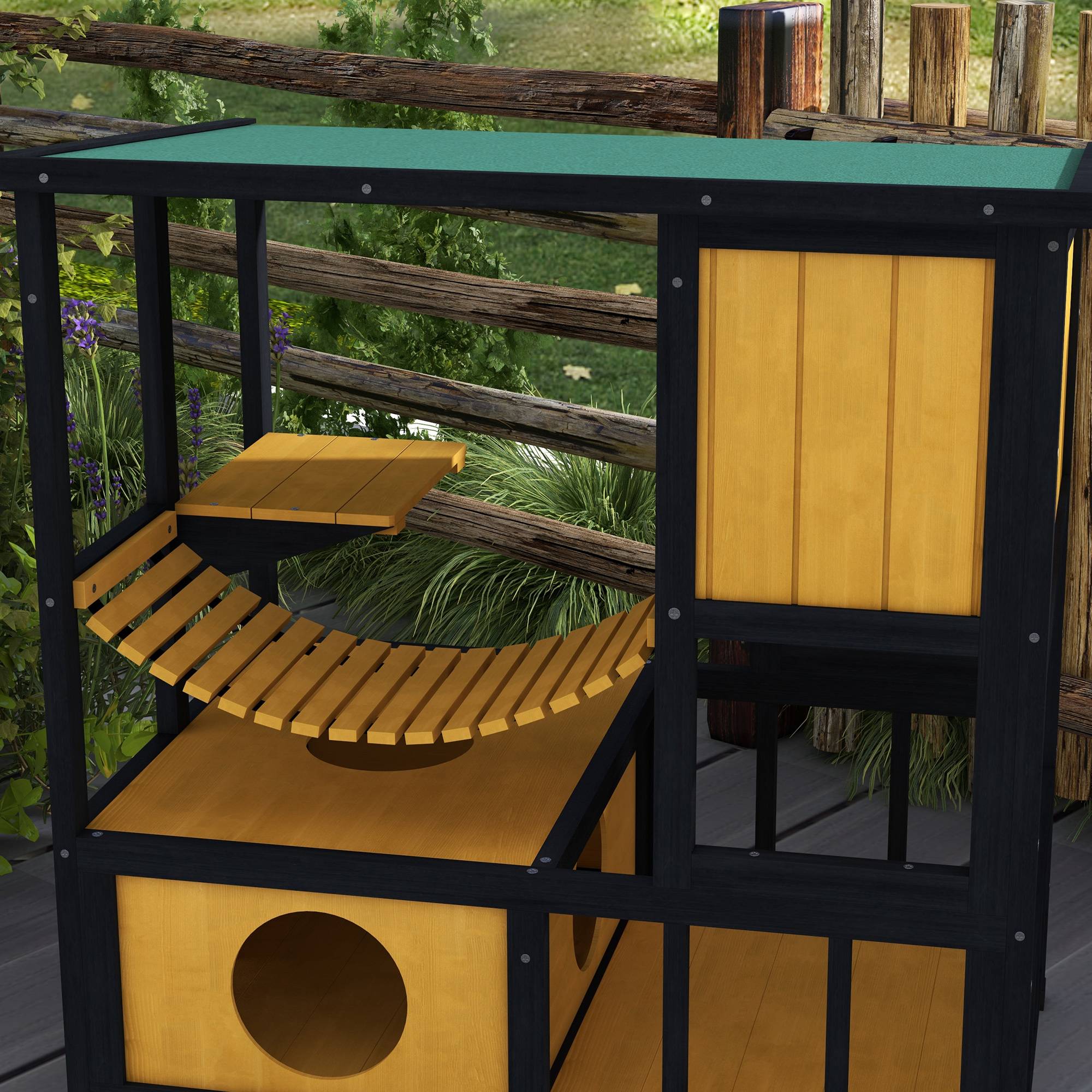 ComfortXL - Niche extérieure pour chats bois 84,5 x 60 x 88 cm vert naturel abri 2 chats avec plateforme et pont - Image 8