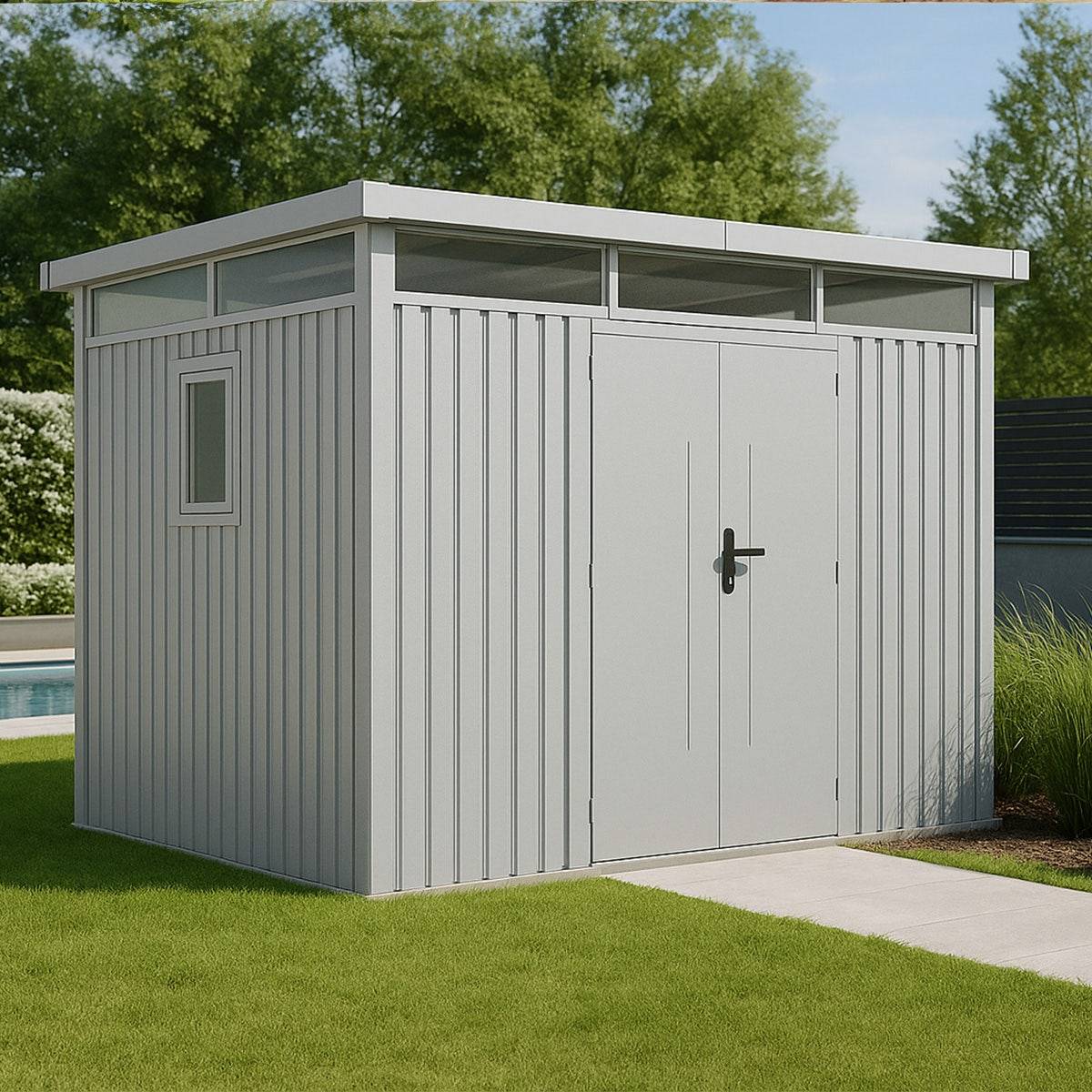 Trigano Jardin - Abri de jardin métal Aluminium Blanc 7.45m² toit plat + kit d'ancrage - Image 1
