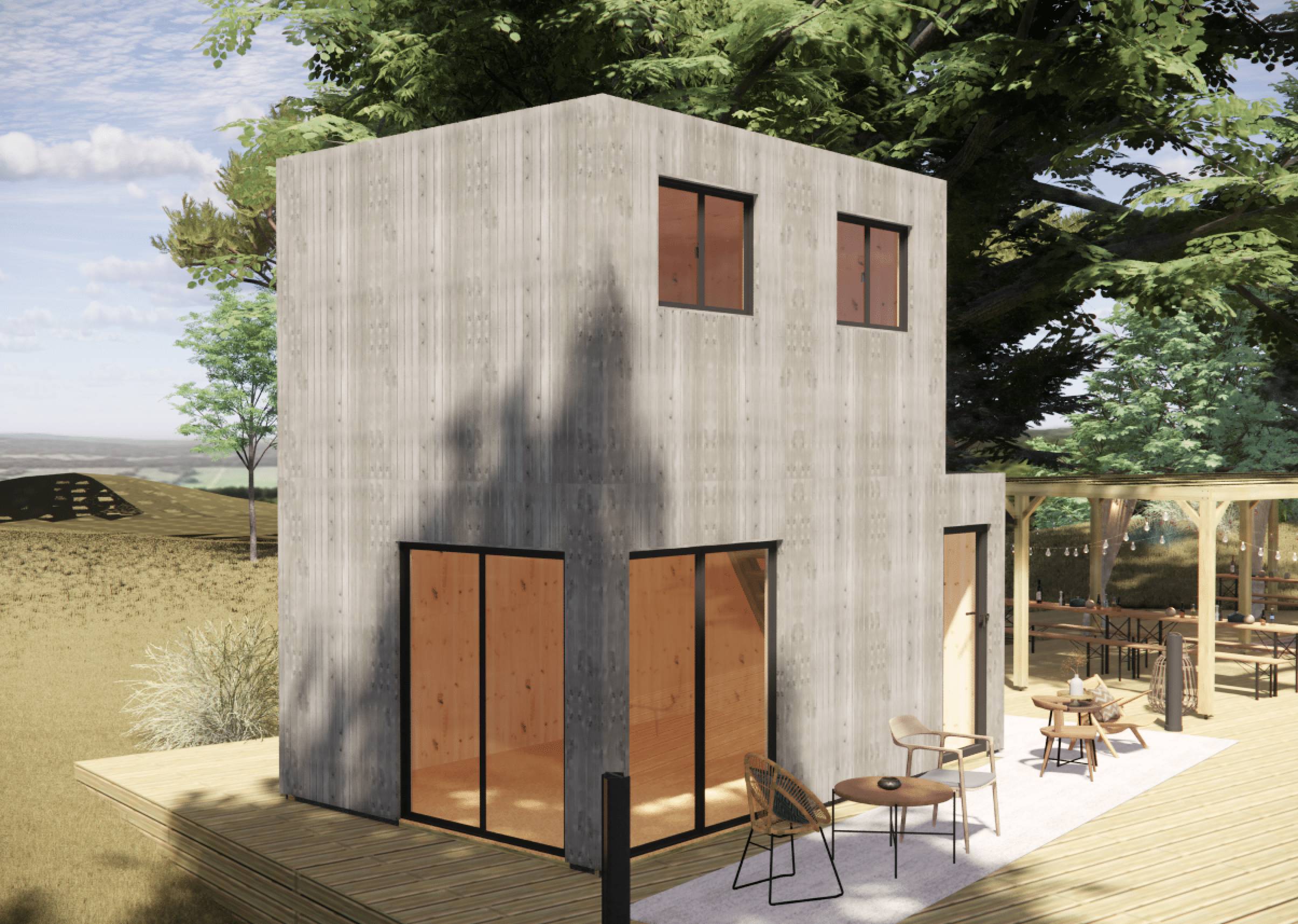 Studio de jardin RE2020 en bois 5,5 x 3,5 x 2,7 m / isolation RE2020 avec mezzanine et terrasse / menuiseries alu k-line - Image 1