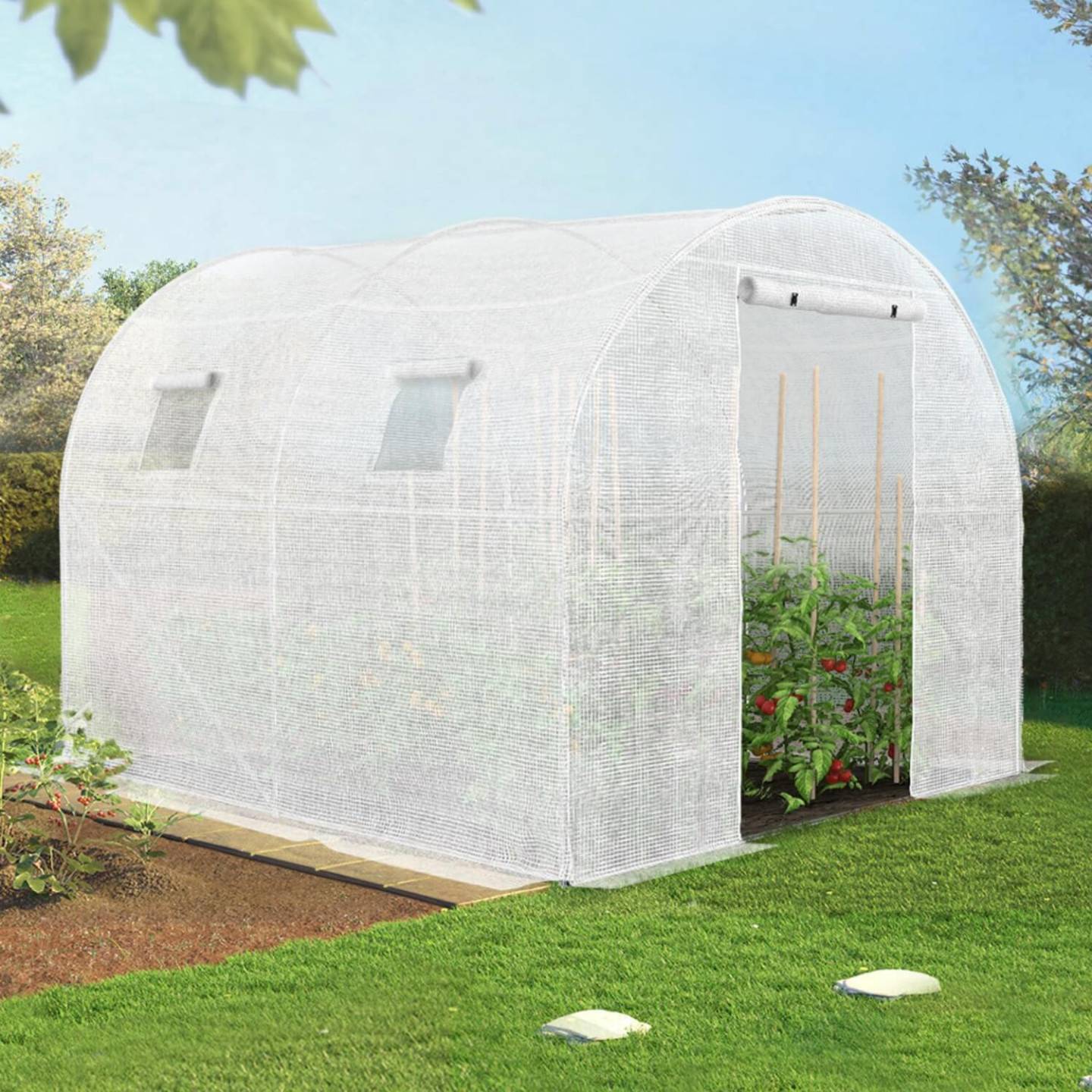 IDMARKET - Serre de jardin tunnel 6m² 3 x 2 x 2 m acier galvanisé + bâche anti-UV avec porte et fenêtres ROMA blanche - Image 1