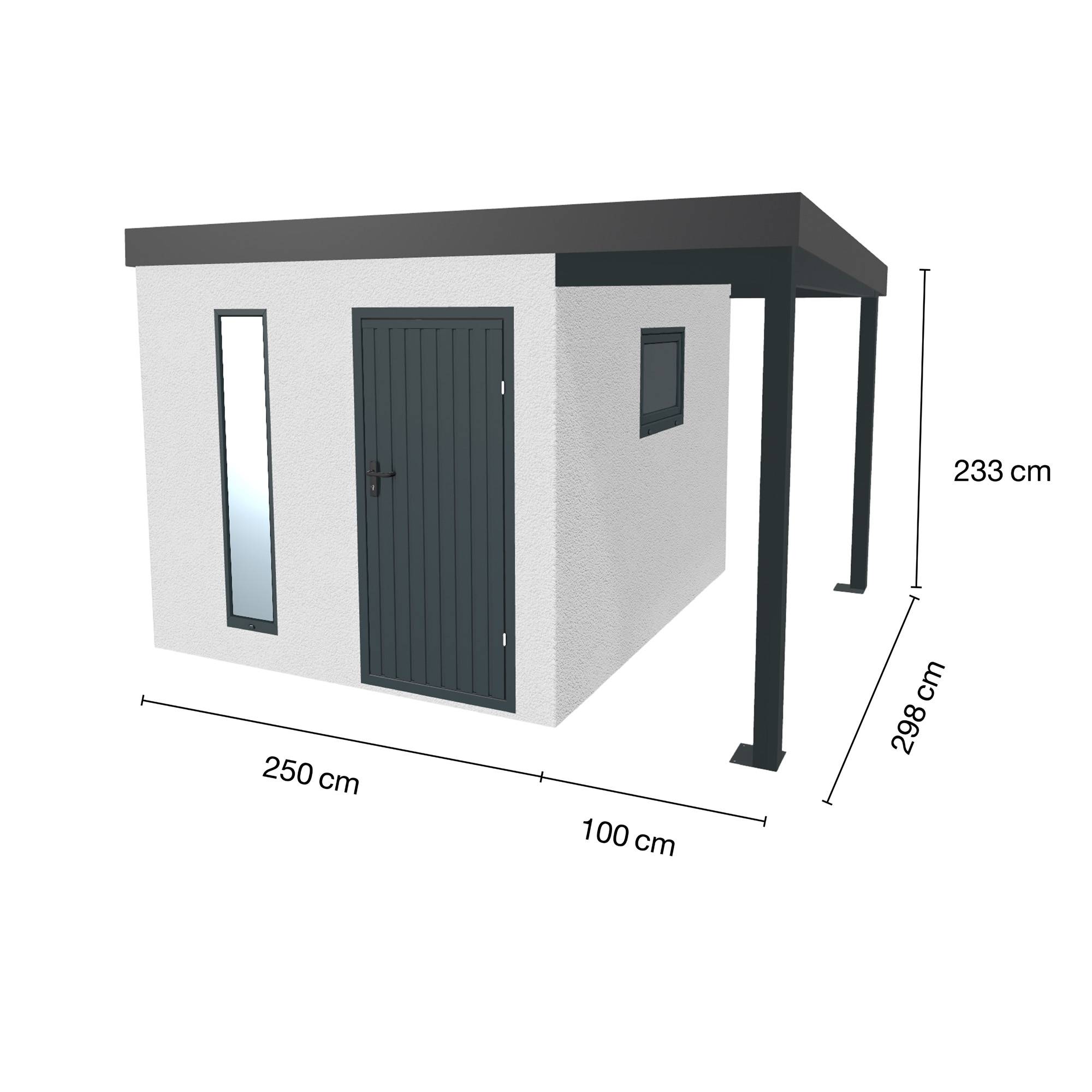 Abri de jardin en métal finition crépi 2500 x 2980 mm blanc avec auvent à droite 1000 x 2980 mm anthracite - Image 1