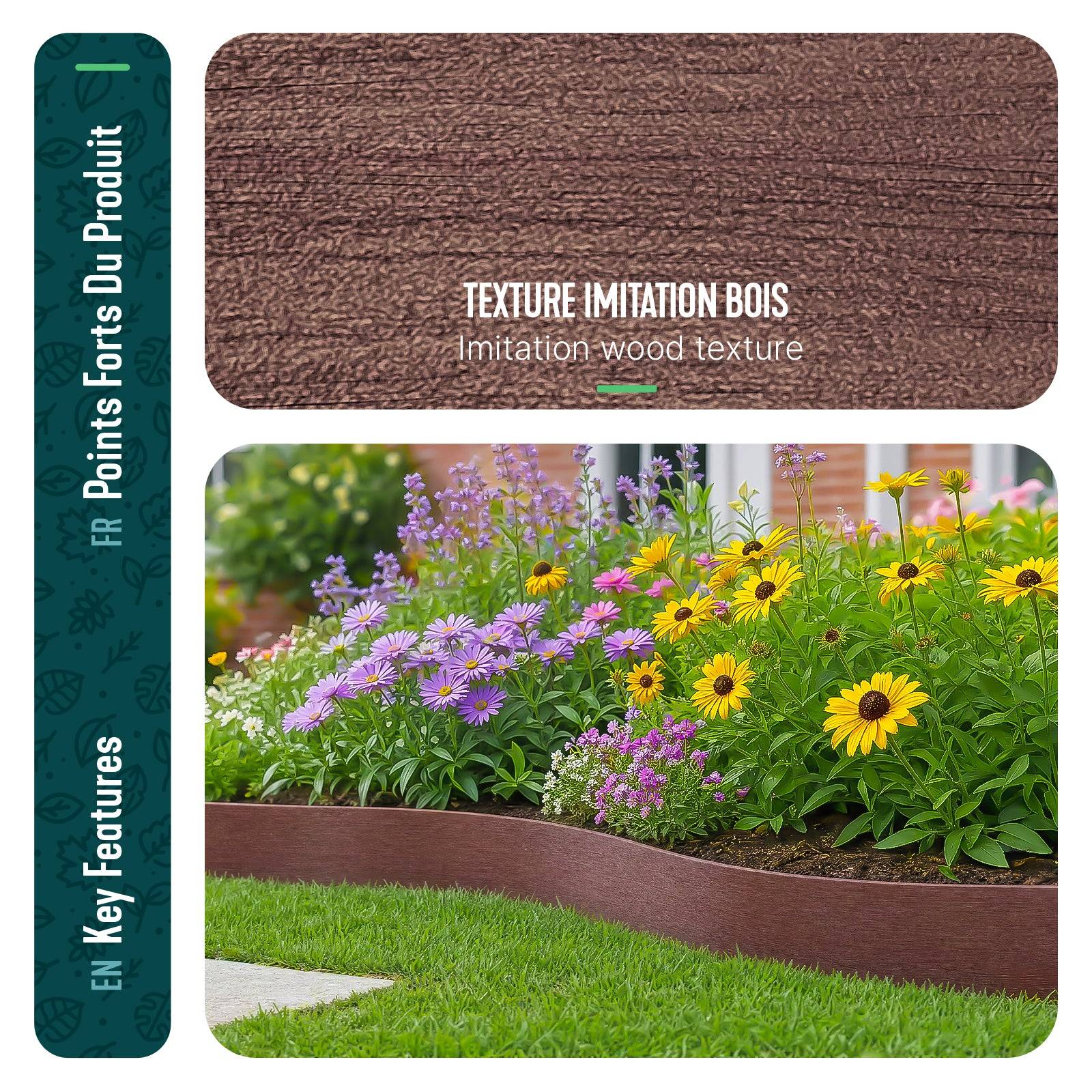 Vounot - Bordure de jardin haute flexible en PE 20m avec 12 piquets marron - hauteur 8cm - epaisseur 3mm - Image 6