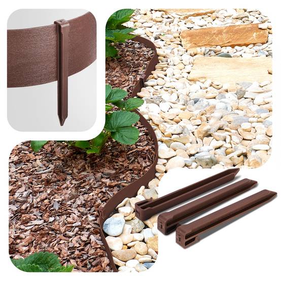 Vounot - Bordure de jardin haute flexible en PE 20m avec 12 piquets marron - hauteur 8cm - epaisseur 3mm - Image 5