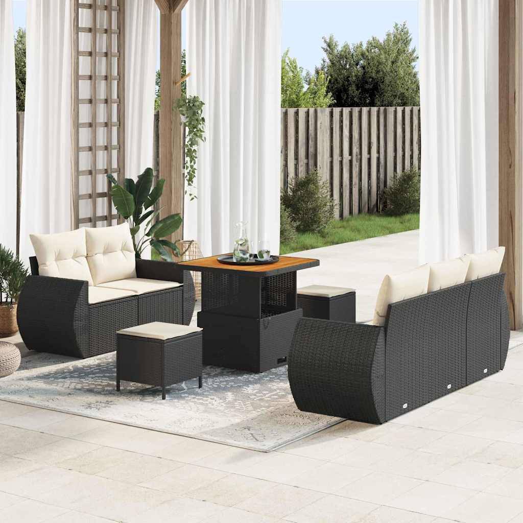 Salon de Jardin Modulable 7 Places Résine Tressée et Bois d'Acacia 8 pcs avec Table Noir – ComfortXL Outdoor Living - Image 1