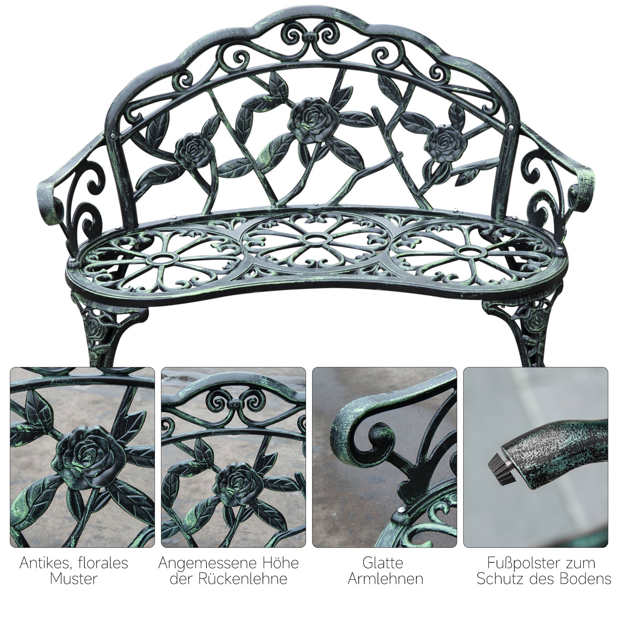 Banc de jardin 2 places en métal, style rétro, motif floral, idéal pour balcon, terrasse ou. Charge maximale : 240 kg. Dimensions : 100 x 54 x 78 cm - Image 7