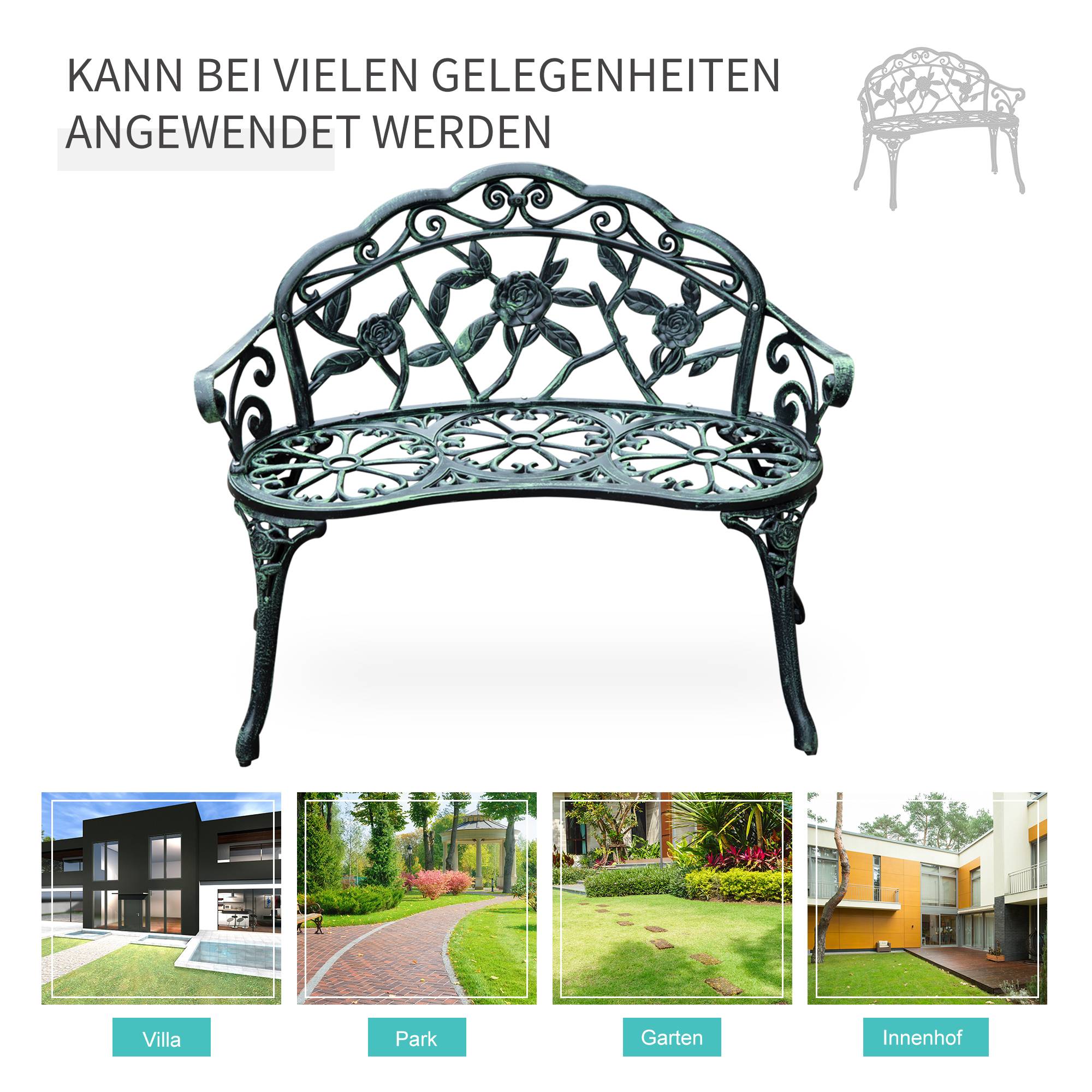 Banc de jardin 2 places en métal, style rétro, motif floral, idéal pour balcon, terrasse ou. Charge maximale : 240 kg. Dimensions : 100 x 54 x 78 cm - Image 9