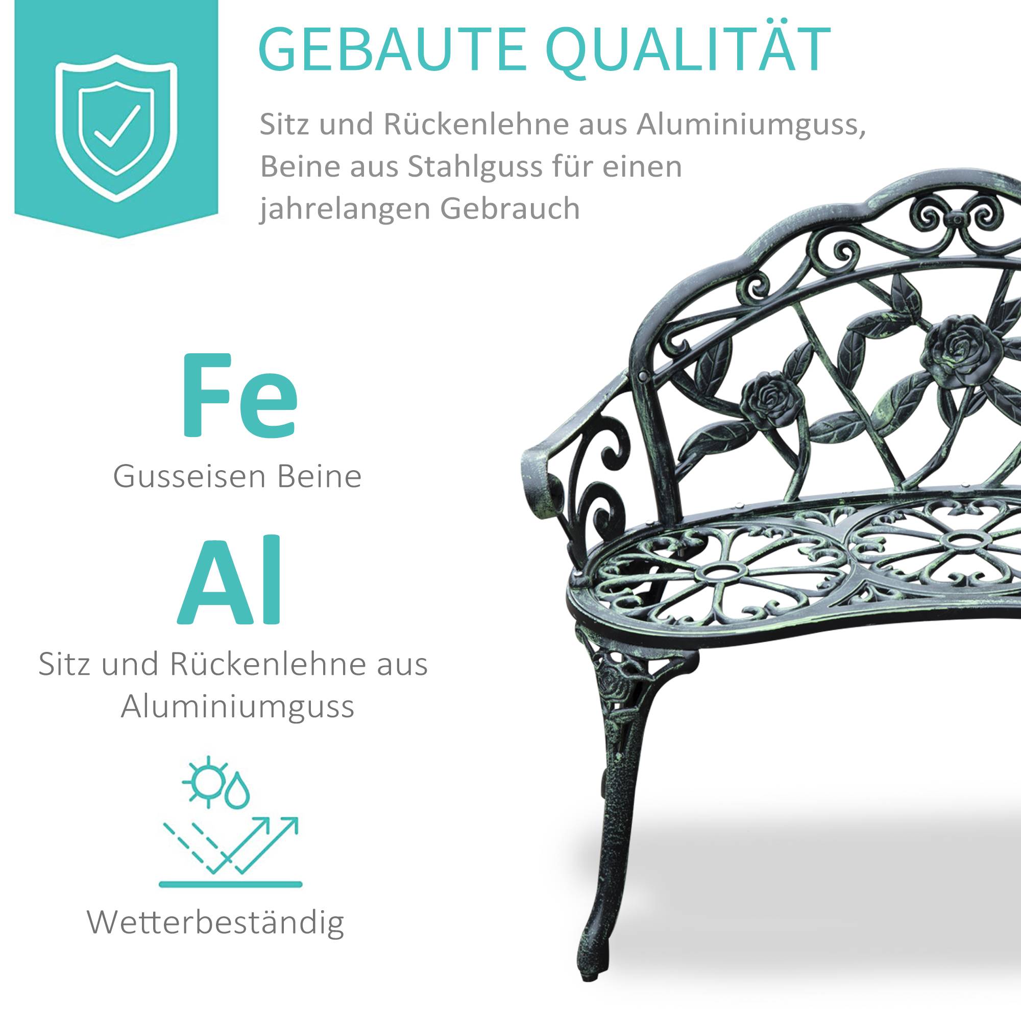 Banc de jardin 2 places en métal, style rétro, motif floral, idéal pour balcon, terrasse ou. Charge maximale : 240 kg. Dimensions : 100 x 54 x 78 cm - Image 6