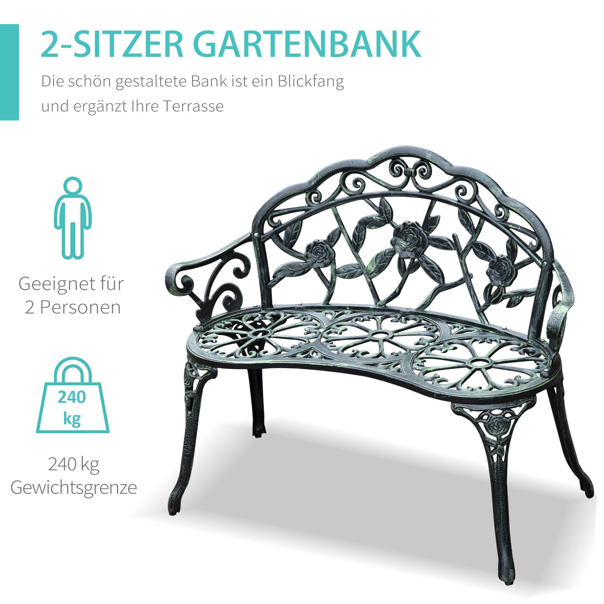 Banc de jardin 2 places en métal, style rétro, motif floral, idéal pour balcon, terrasse ou. Charge maximale : 240 kg. Dimensions : 100 x 54 x 78 cm - Image 8