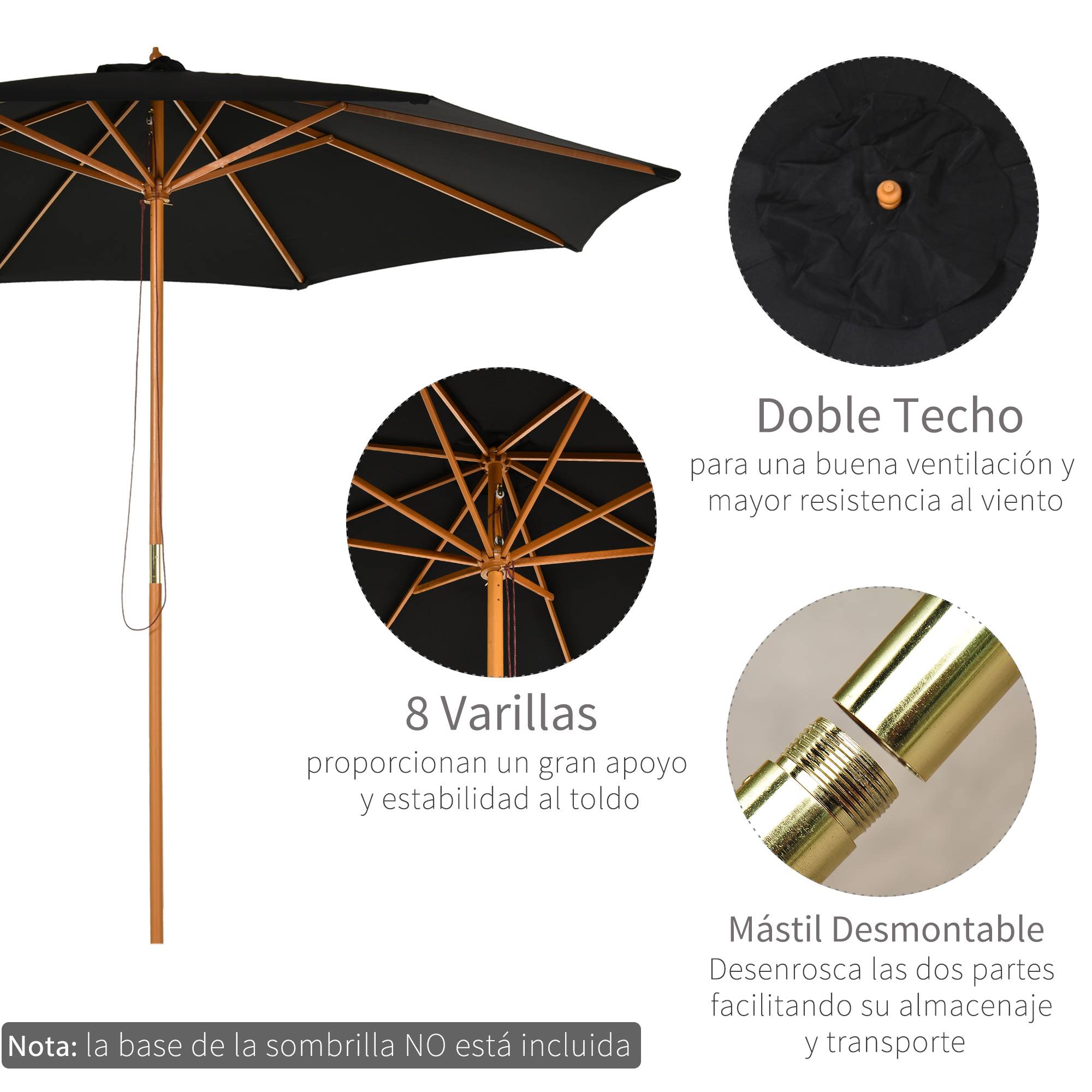 Parasol terrasse exterieur Ø300 cm, systeme poulie, toit ventile, mat bois demontable, noir - Image 7