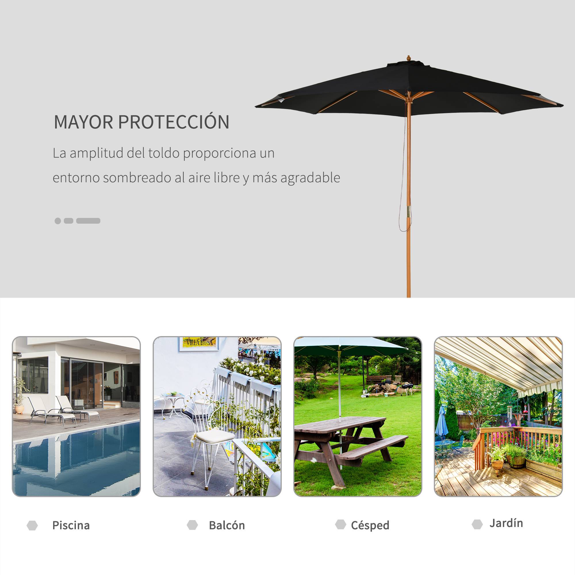 Parasol terrasse exterieur Ø300 cm, systeme poulie, toit ventile, mat bois demontable, noir - Image 8