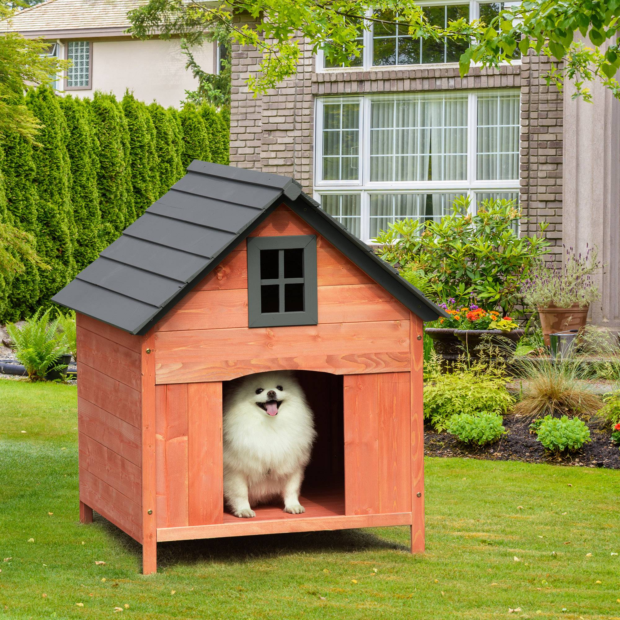 Niche surélevée pour chiens jusqu'à 15 kg, chenil d'extérieur en bois de sapin, 81,3 x 91,5 x 98,5 cm - Image 3