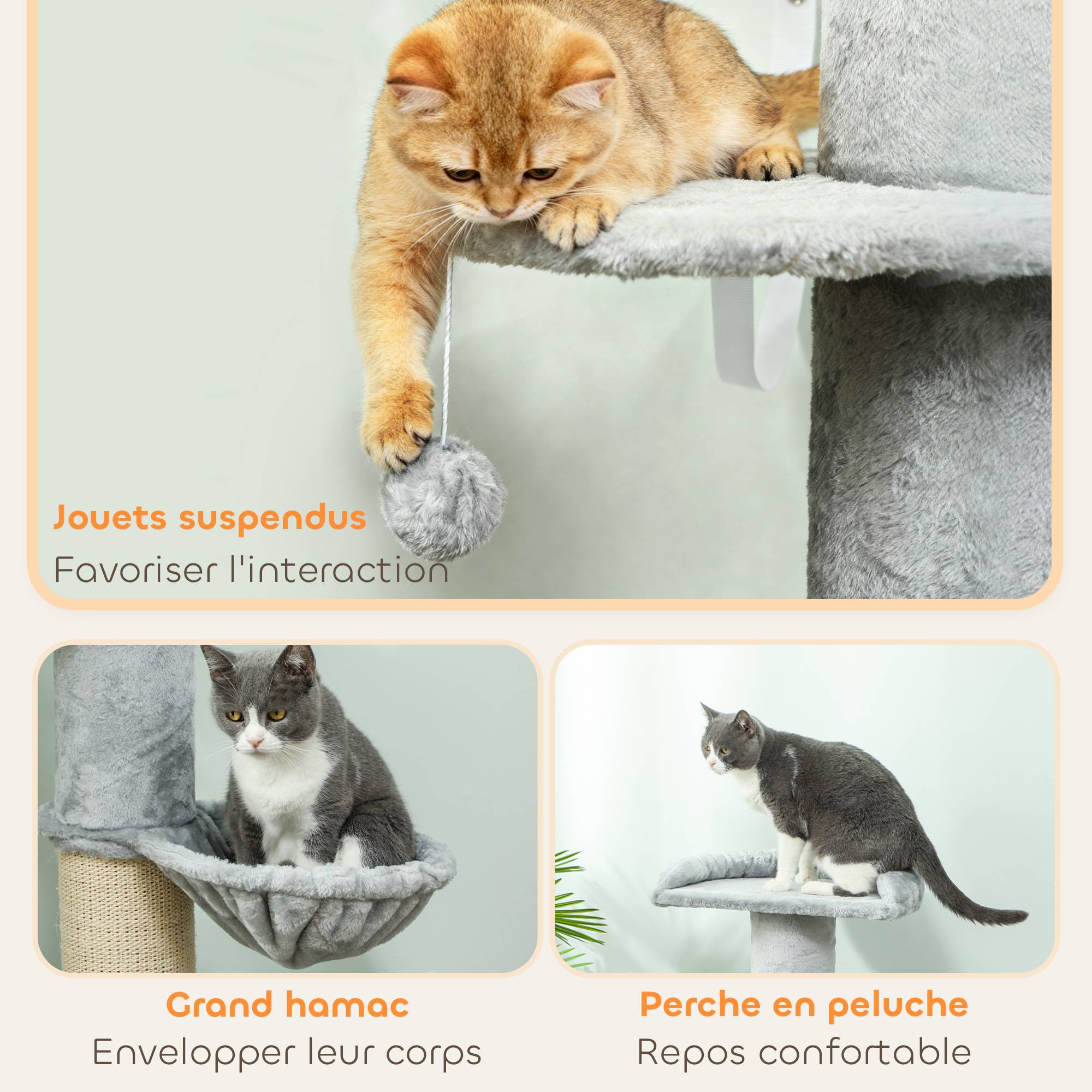 Sans Marque - Arbre à chat design tonneau avec poteau sisal, hamac, plateforme et balle jouet, centre activité chat intérieur stable Ø 48 x 103,5 cm gris clair - Image 7