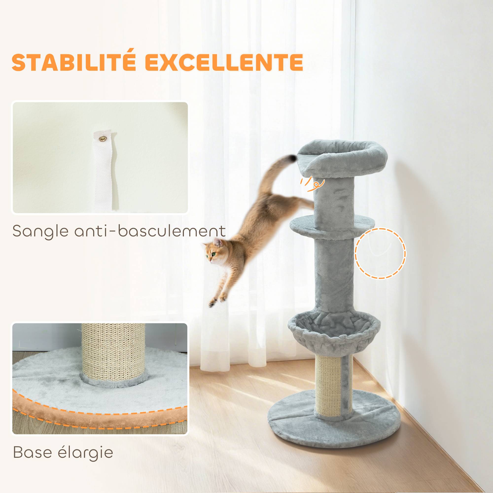 Sans Marque - Arbre à chat design tonneau avec poteau sisal, hamac, plateforme et balle jouet, centre activité chat intérieur stable Ø 48 x 103,5 cm gris clair - Image 8