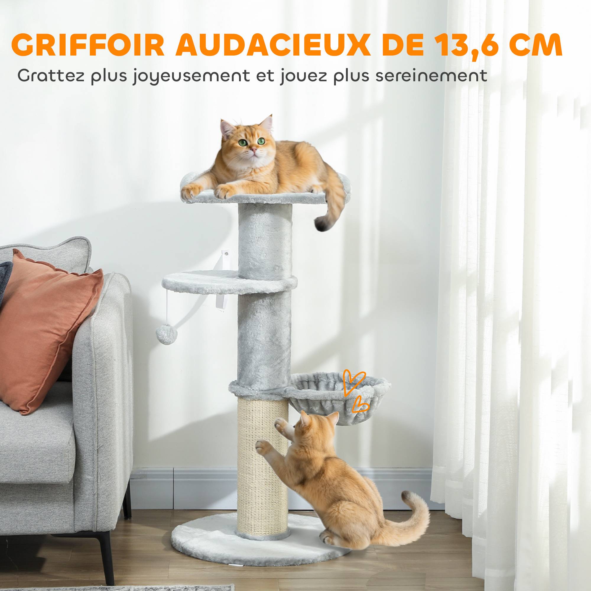 Sans Marque - Arbre à chat design tonneau avec poteau sisal, hamac, plateforme et balle jouet, centre activité chat intérieur stable Ø 48 x 103,5 cm gris clair - Image 6