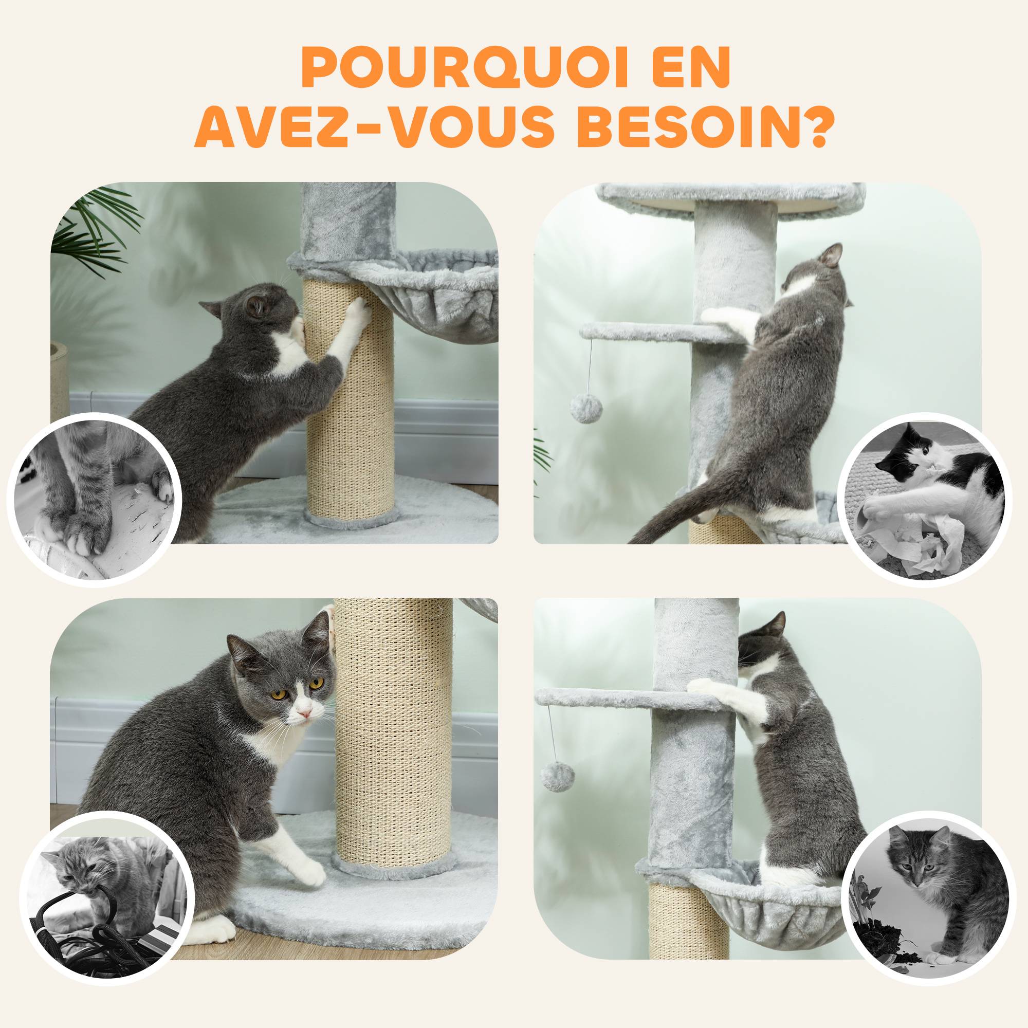 Sans Marque - Arbre à chat design tonneau avec poteau sisal, hamac, plateforme et balle jouet, centre activité chat intérieur stable Ø 48 x 103,5 cm gris clair - Image 9