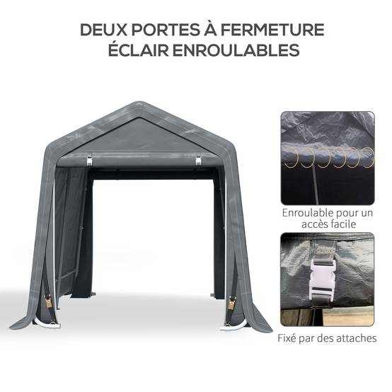 Abri de jardin tente de stockage 2 portes zippées cadre métallique 280 x 240 x 240 cm gris foncé - Image 7