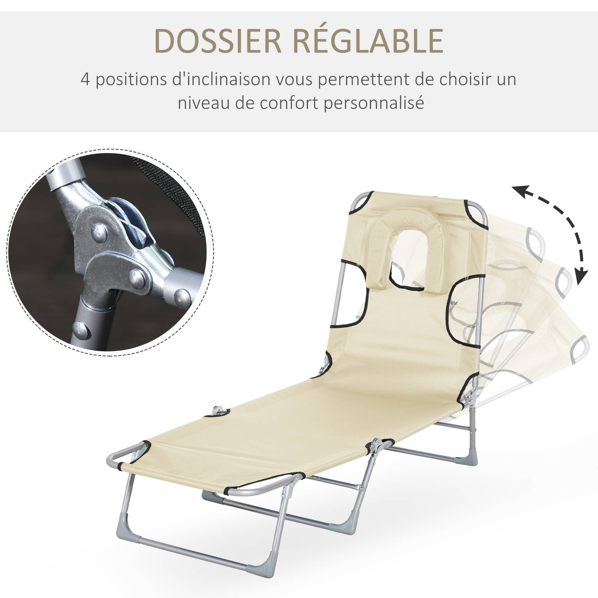 Outsunny - Bain de soleil pliable inclinable 4 positions - espace visage rembourré - acier oxford beige - Outsunny - Image 4
