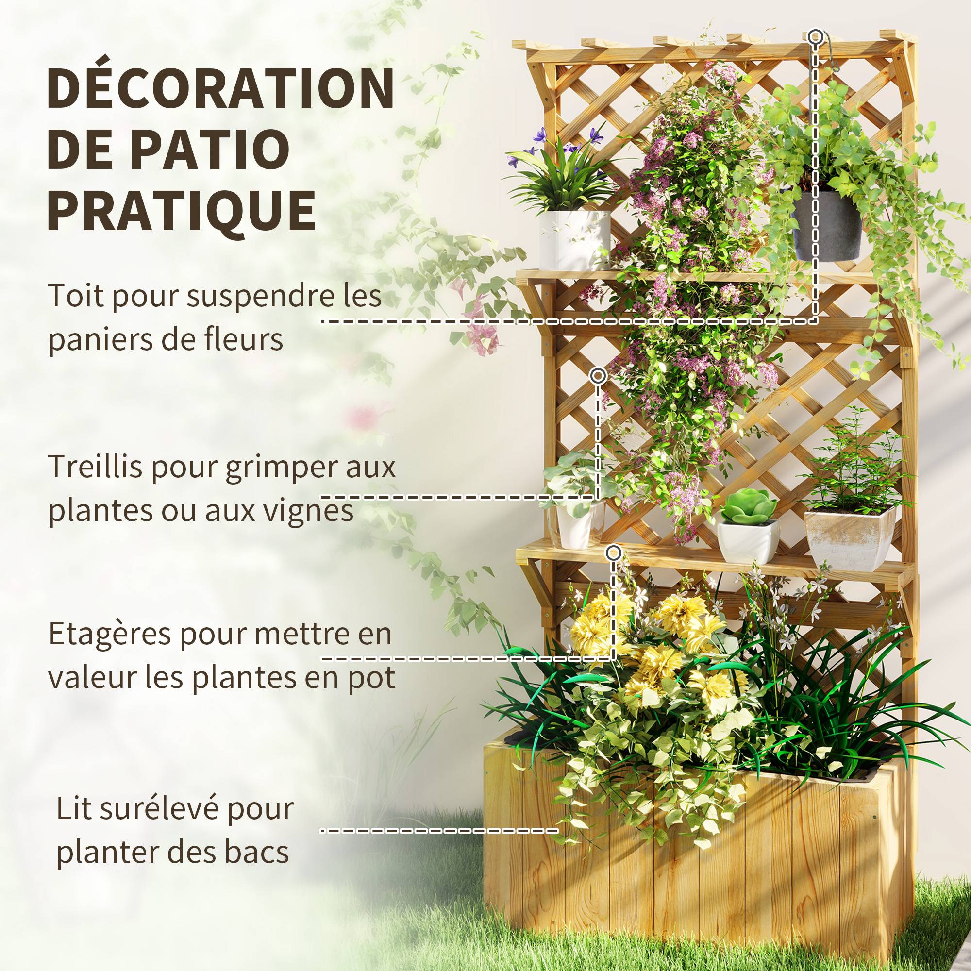 Jardinière surélevée treillis bois sapin balcon jardin doublure drainage 76x33x177cm naturel - ComfortXL Outdoor Living - Image 6