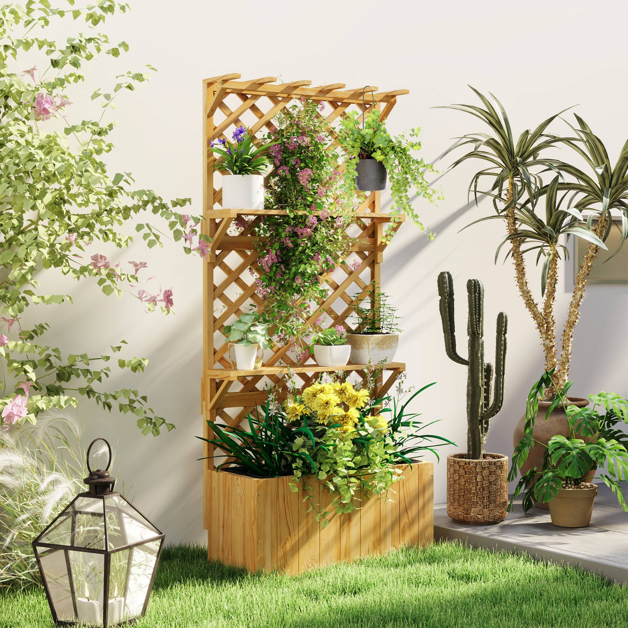 Jardinière surélevée treillis bois sapin balcon jardin doublure drainage 76x33x177cm naturel - ComfortXL Outdoor Living - Image 4